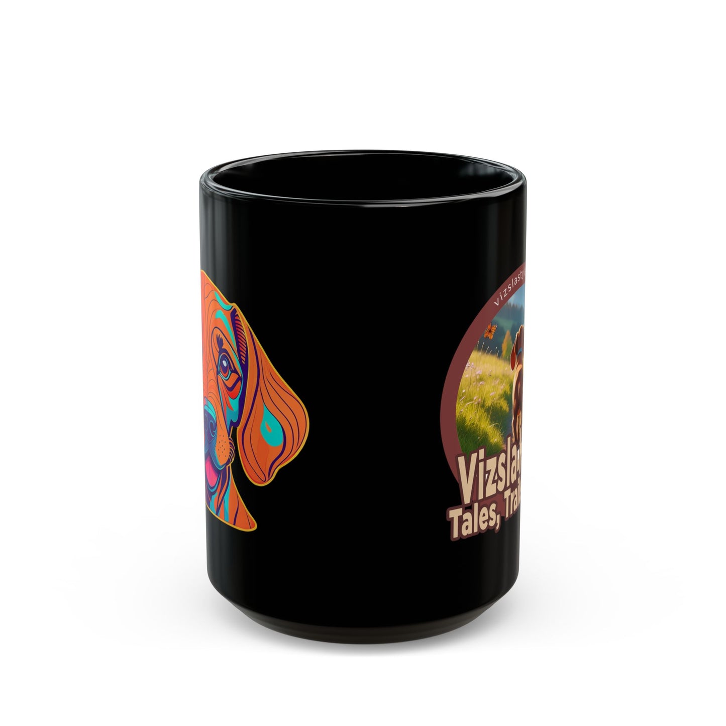 Black Mug - Vizsla Hiker w/ Puppy: Tales, Trails & Tails