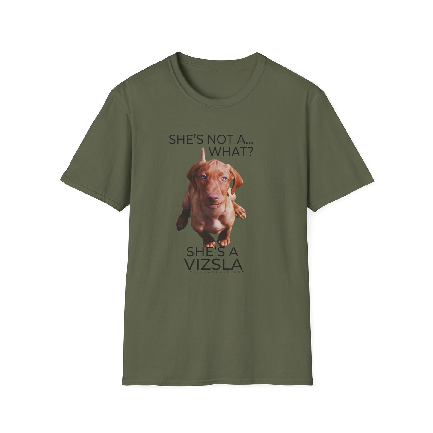 She's Not A What... She's A Vizsla (in Color) All Around Sports T-shirt (Dk Text)
