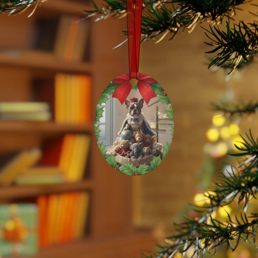 Frenchie Metal Ornament — "Le Roi Du Monde" Brindle French Bulldog Holiday Decor