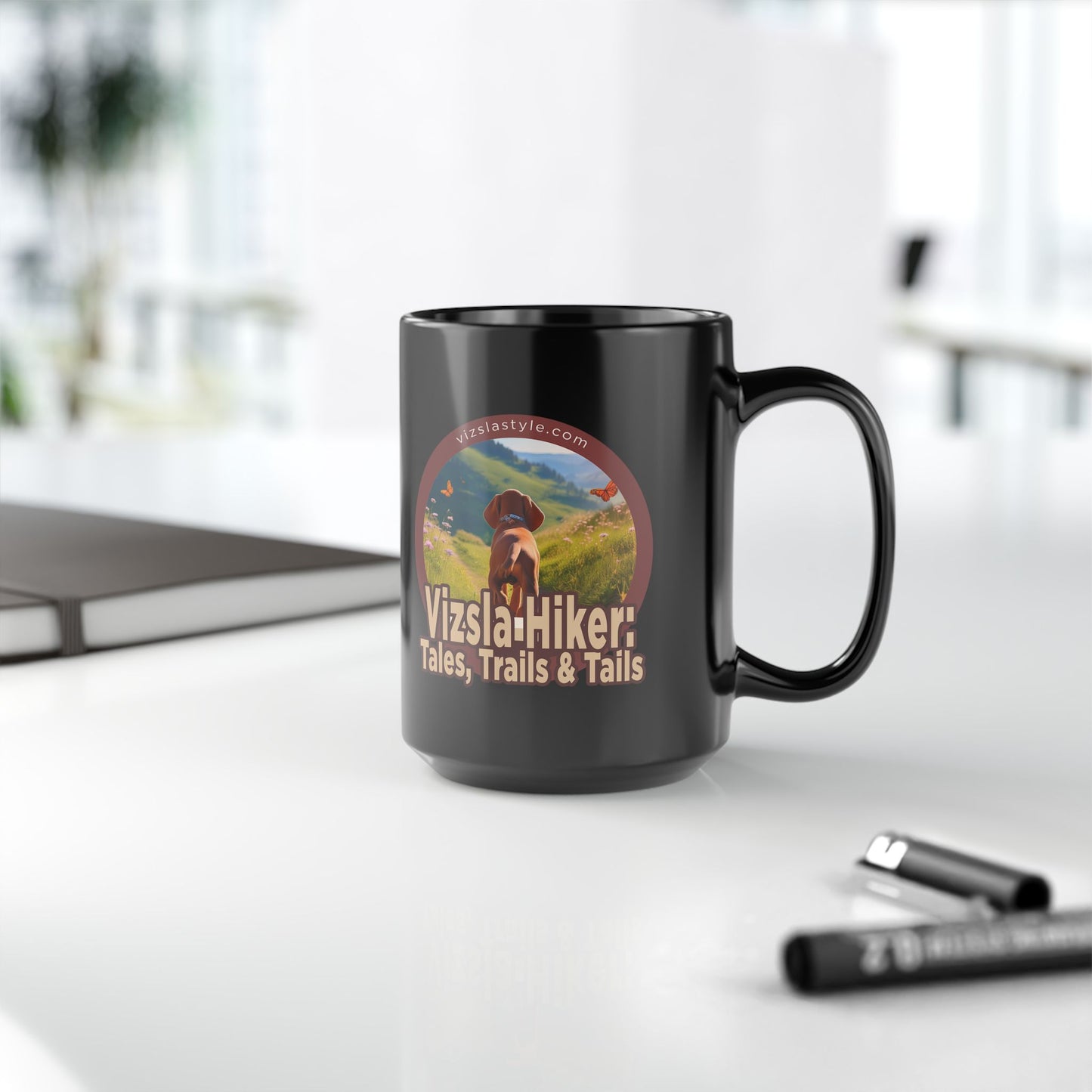 Vizsla Hiker: Tales, Trails & Tails - (Dog) w/ Puppy Face - Vizsla - Black Mug