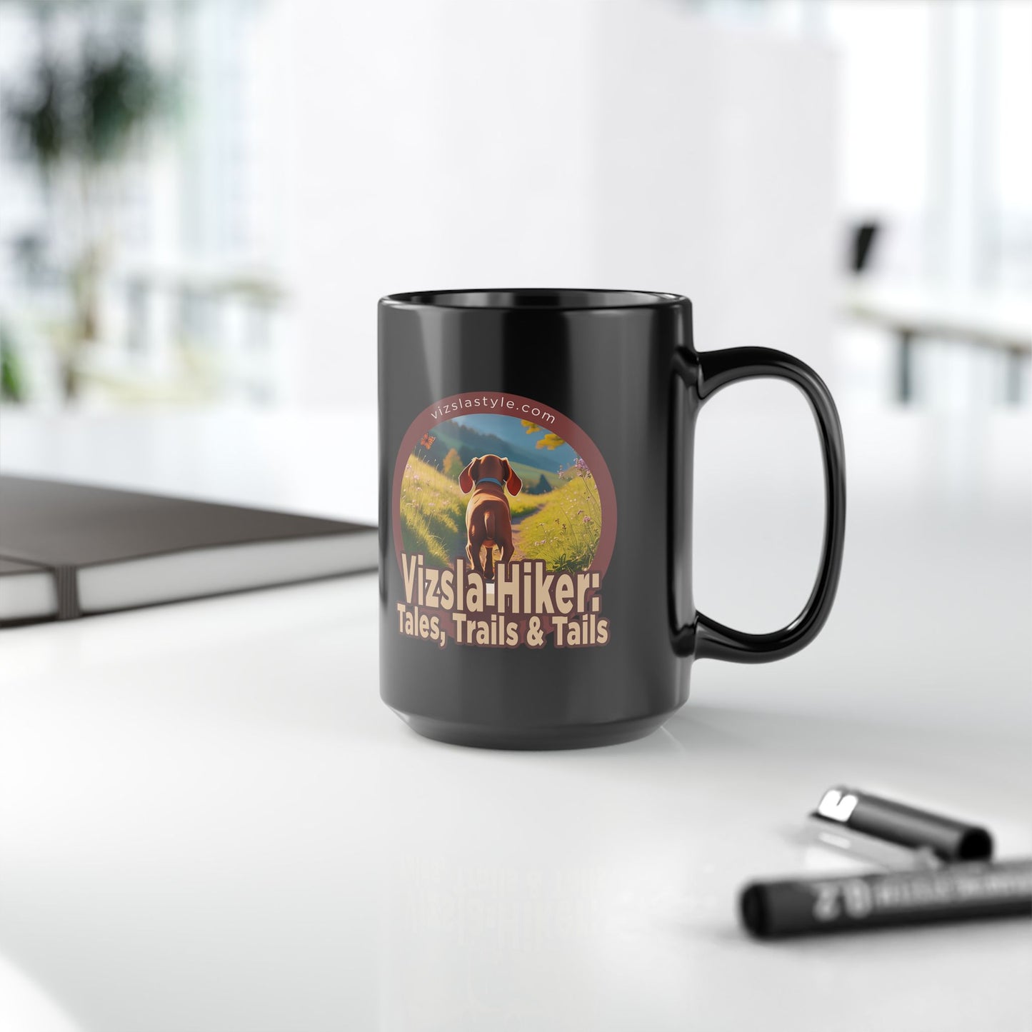 Black Mug - Vizsla Hiker w/ Puppy: Tales, Trails & Tails