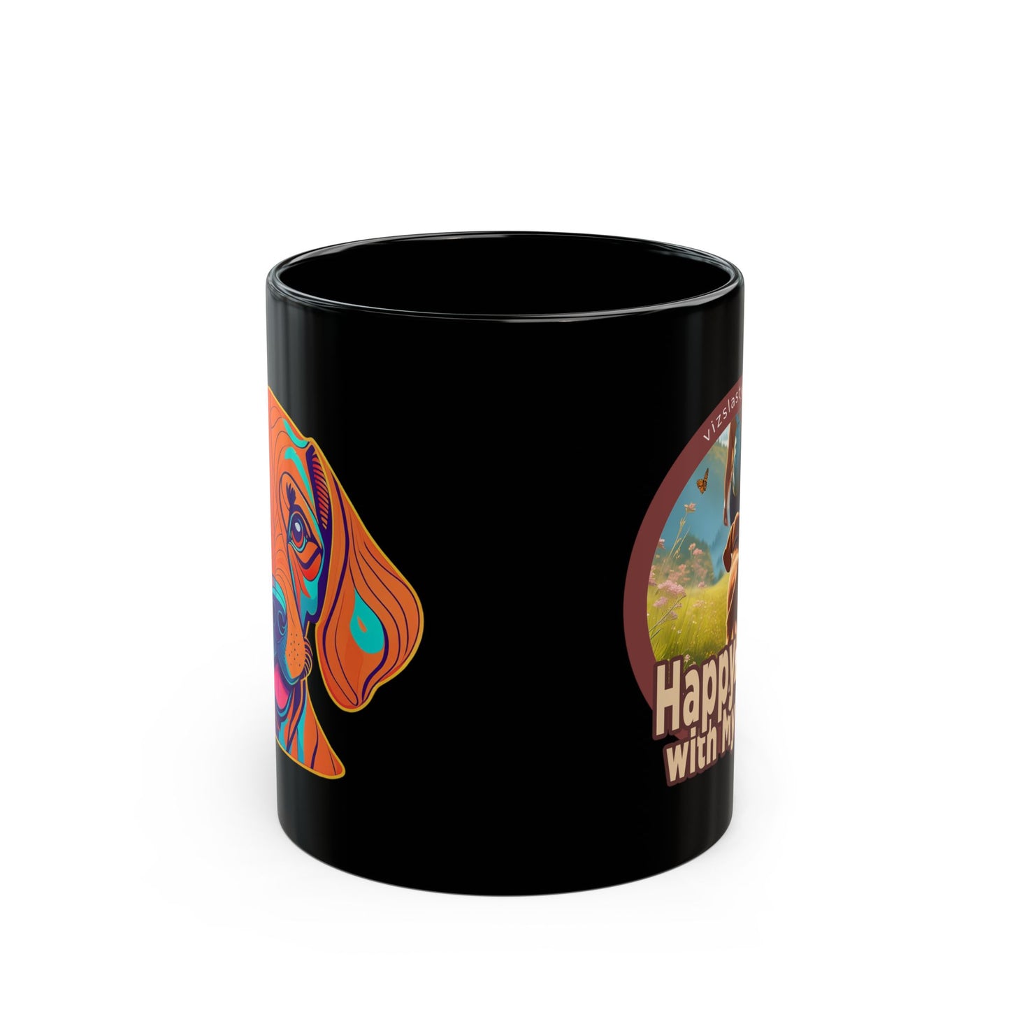 Happy Trails With My Vizsla (Hiker) w/ Puppy Face - Vizsla - Black Mug