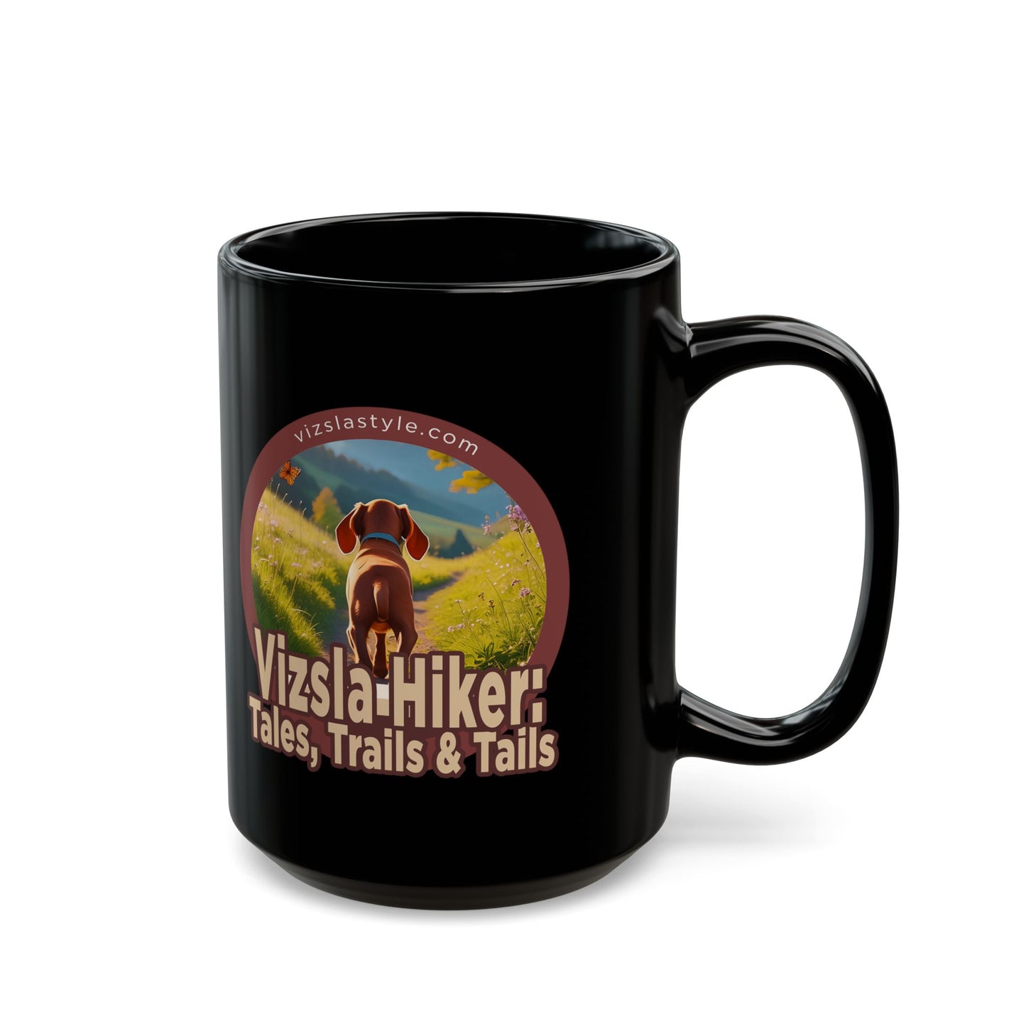 Black Mug - Vizsla Hiker w/ Puppy: Tales, Trails & Tails
