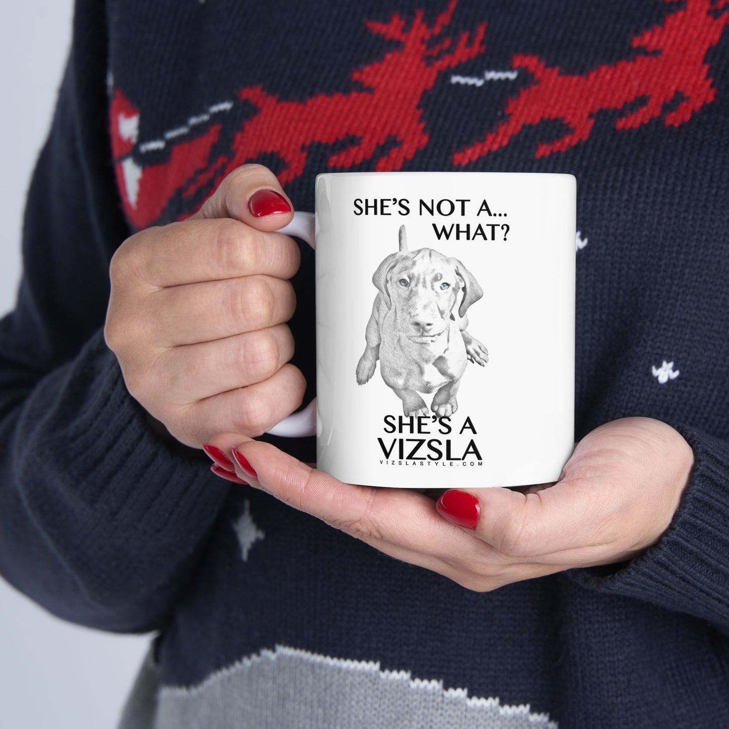 She's Not A What! Line Art with Vizsla Style Logo White Glossy Mug