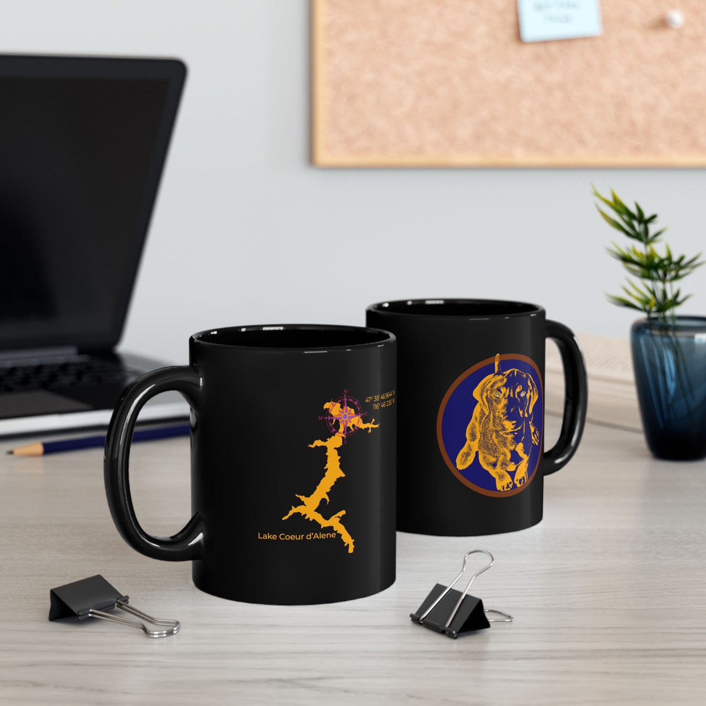 Vizsla Style Puppy in Gold w/ Lake Coeur d'Alene - Hungarian Vizsla Black Mug