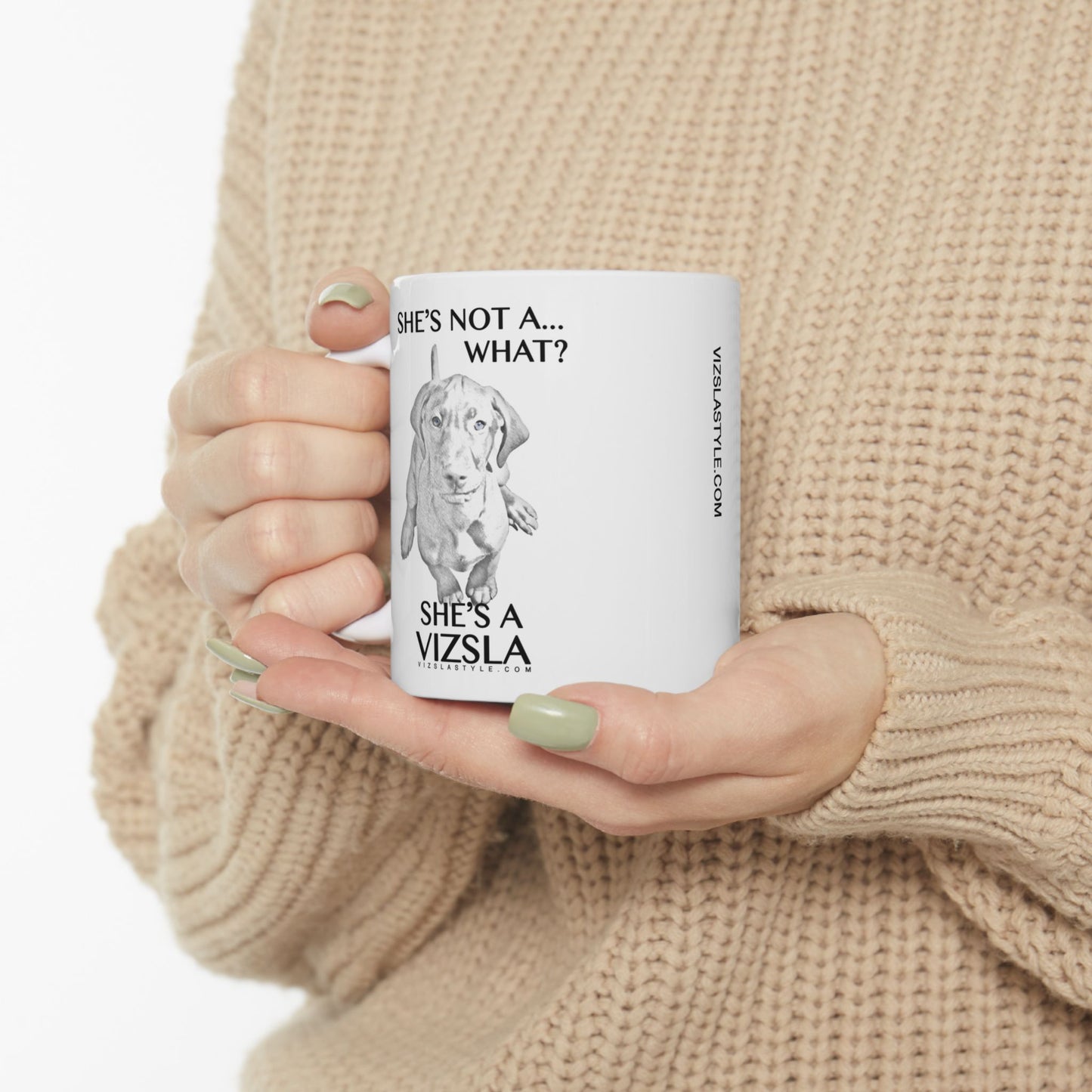 She's Not A What! Line Art with Vizsla Style Logo White Glossy Mug