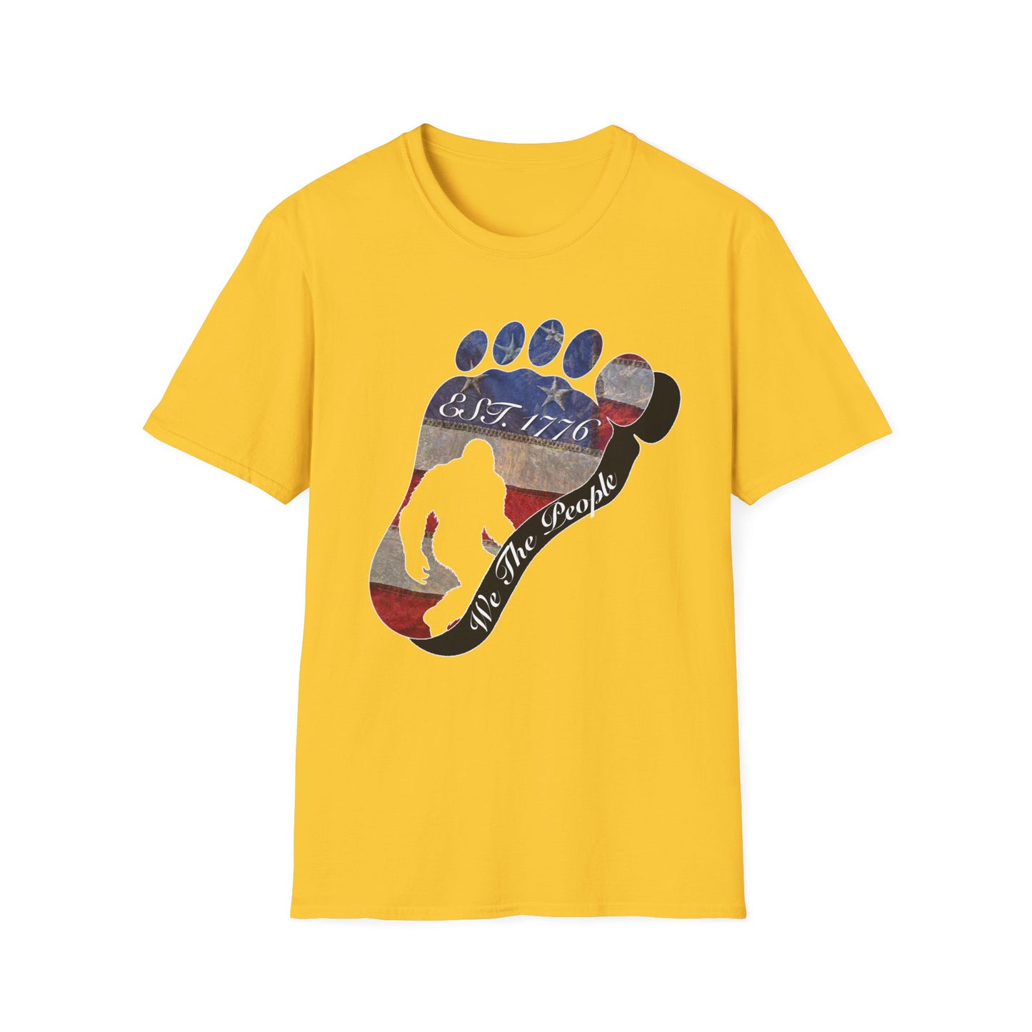 Going Norther Bigfoot T-Shirt — Footprint Silhouette with Distressed Flag "EST. 1776 - We The People"