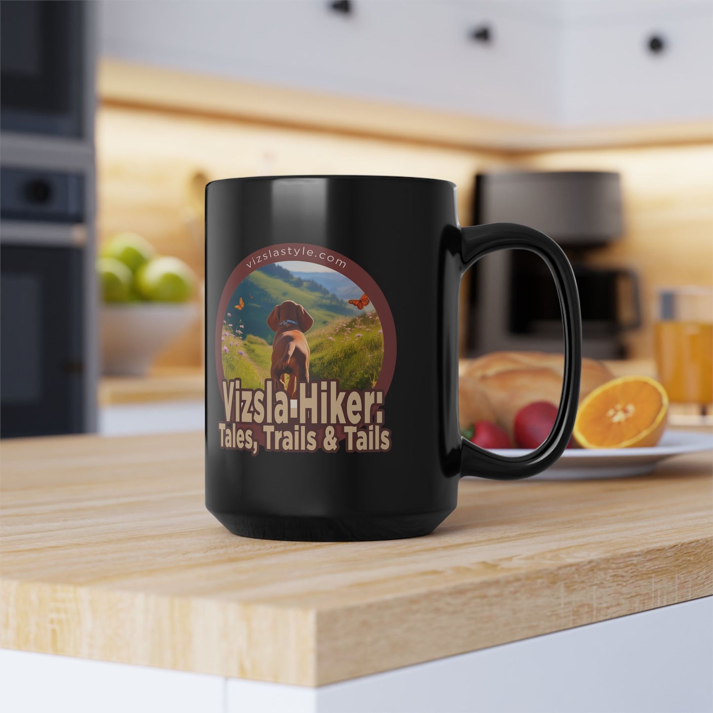 Vizsla Hiker: Tales, Trails & Tails - (Dog) w/ Puppy Face - Vizsla - Black Mug