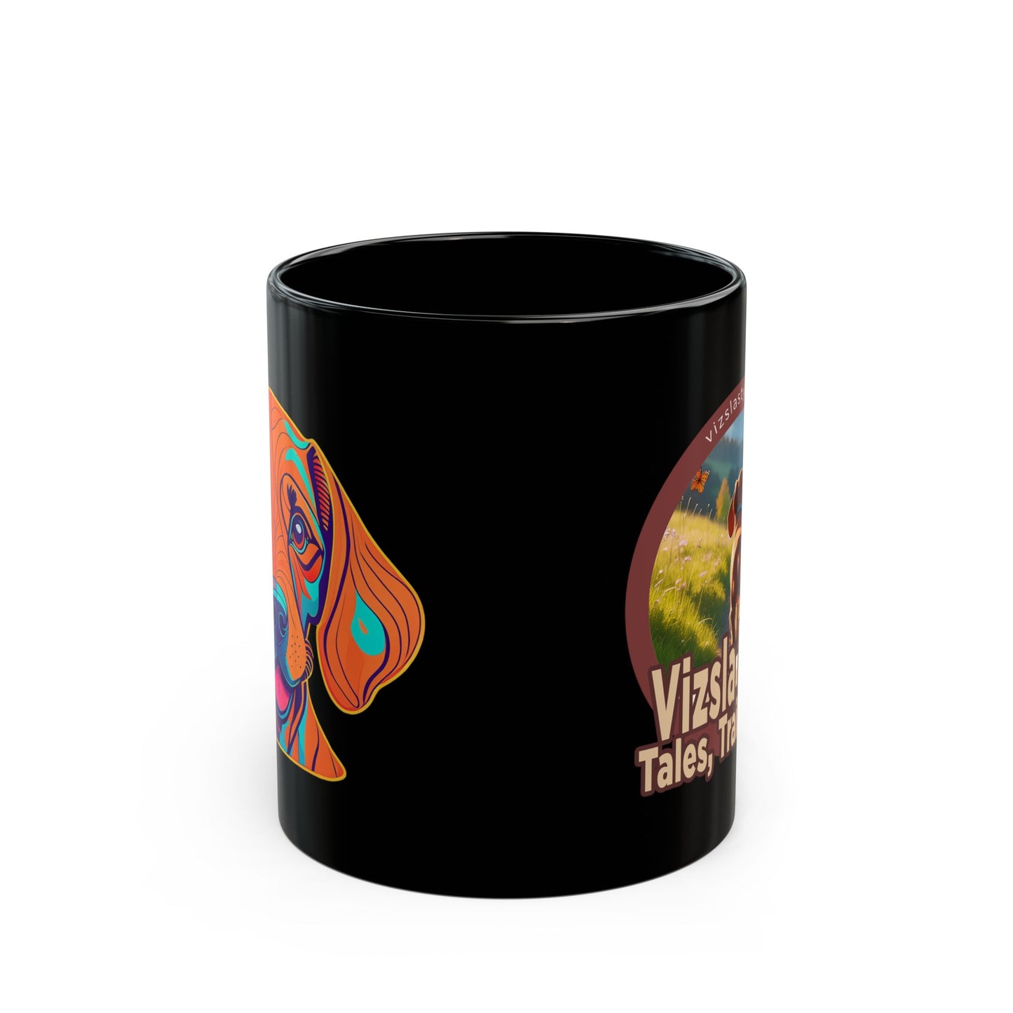 Black Mug - Vizsla Hiker w/ Puppy: Tales, Trails & Tails