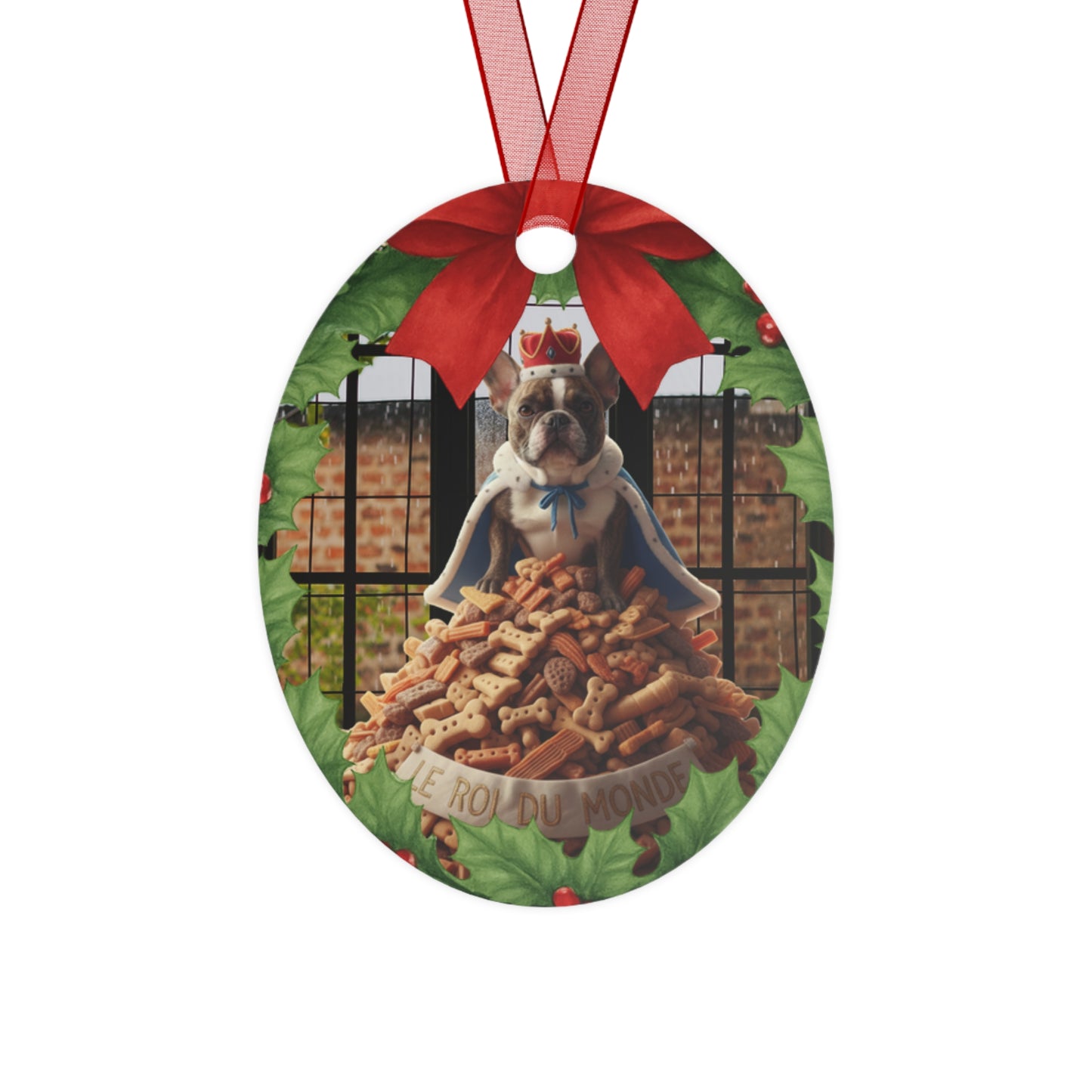 Frenchie Metal Ornament — "Le Roi Du Monde" Brindle French Bulldog Holiday Decor