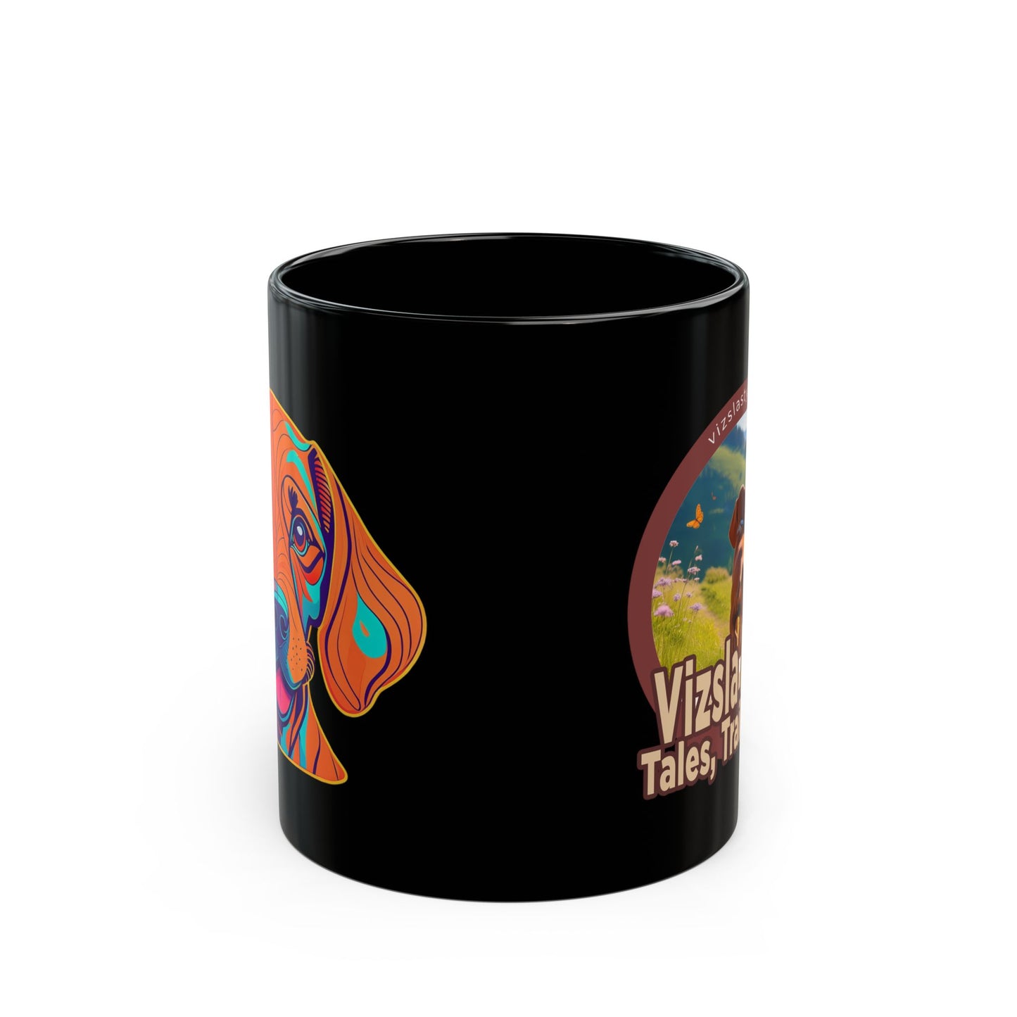 Vizsla Hiker: Tales, Trails & Tails - (Dog) w/ Puppy Face - Vizsla - Black Mug