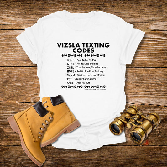 Vizsla Text Codes T-Shirt — Funny Dog Acronym Tee (RTNP, ZNZL)