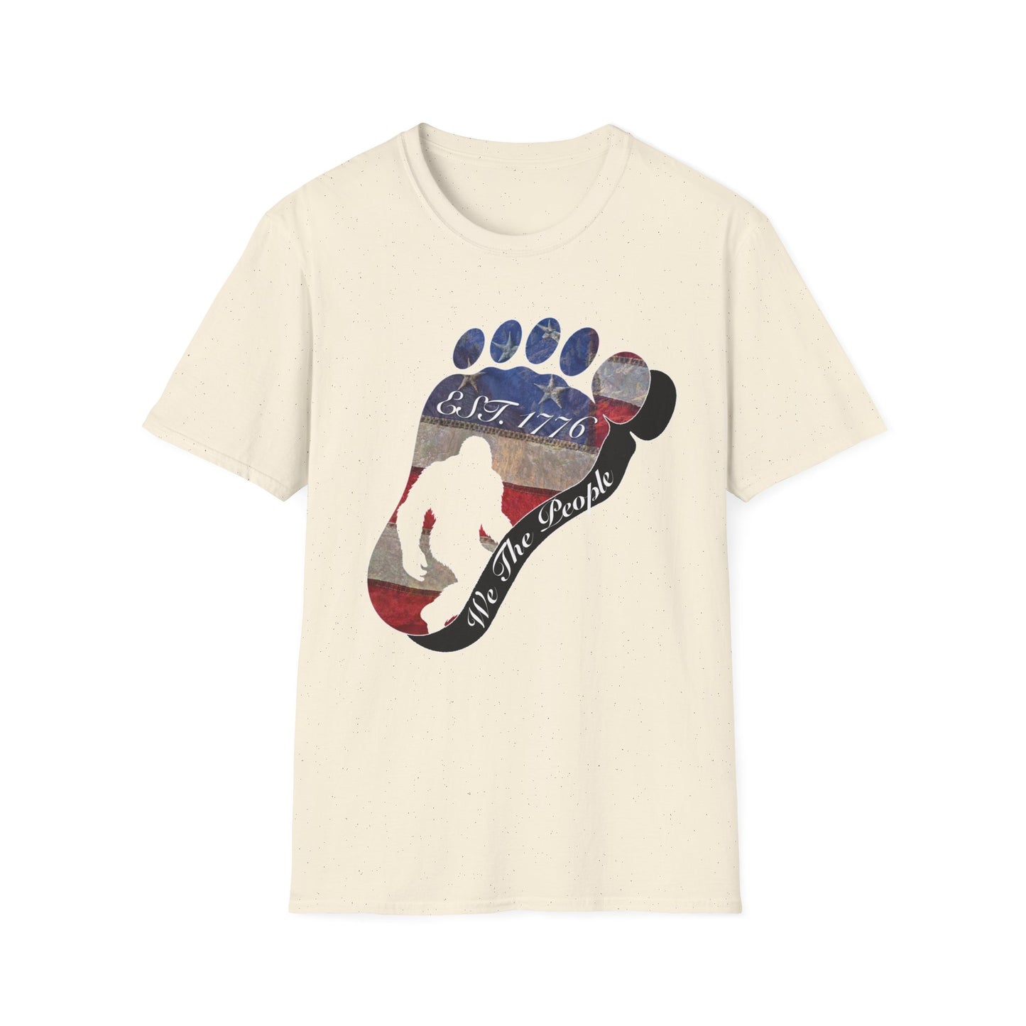 Going Norther Bigfoot T-Shirt — Footprint Silhouette with Distressed Flag "EST. 1776 - We The People"