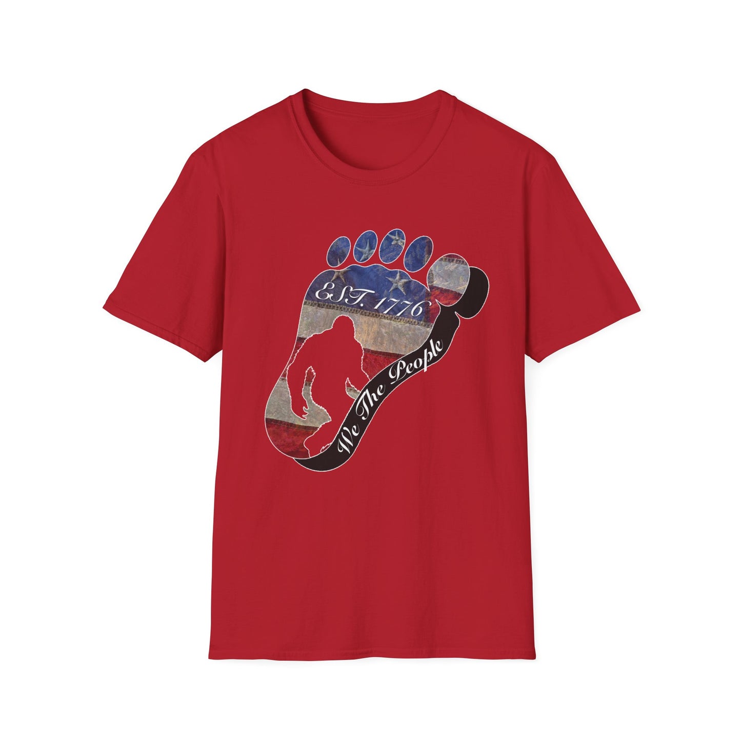 Going Norther Bigfoot T-Shirt — Footprint Silhouette with Distressed Flag "EST. 1776 - We The People"