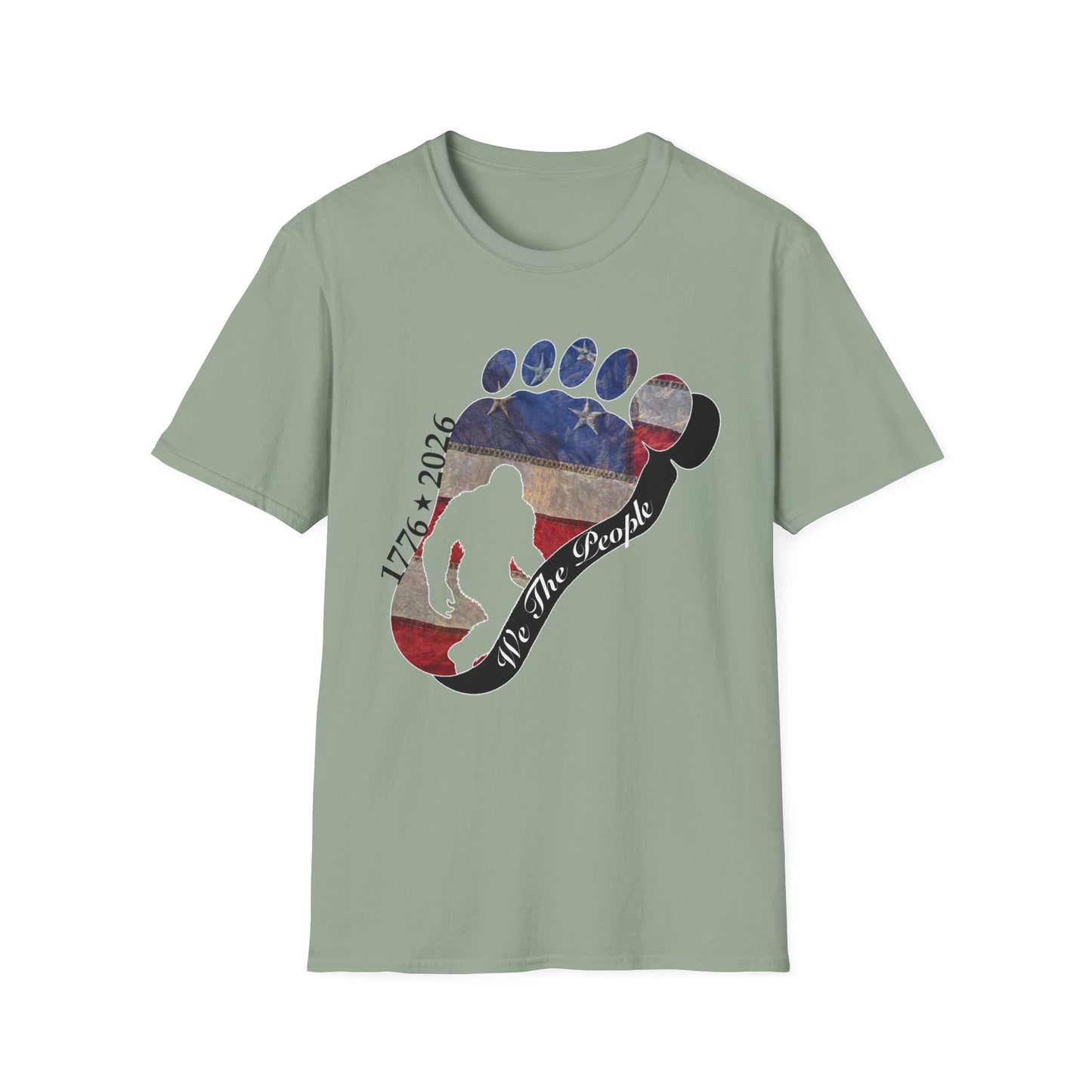 Going Norther Bigfoot T-Shirt — Footprint Silhouette with Distressed Flag & "1776 - 2026 - We The People"