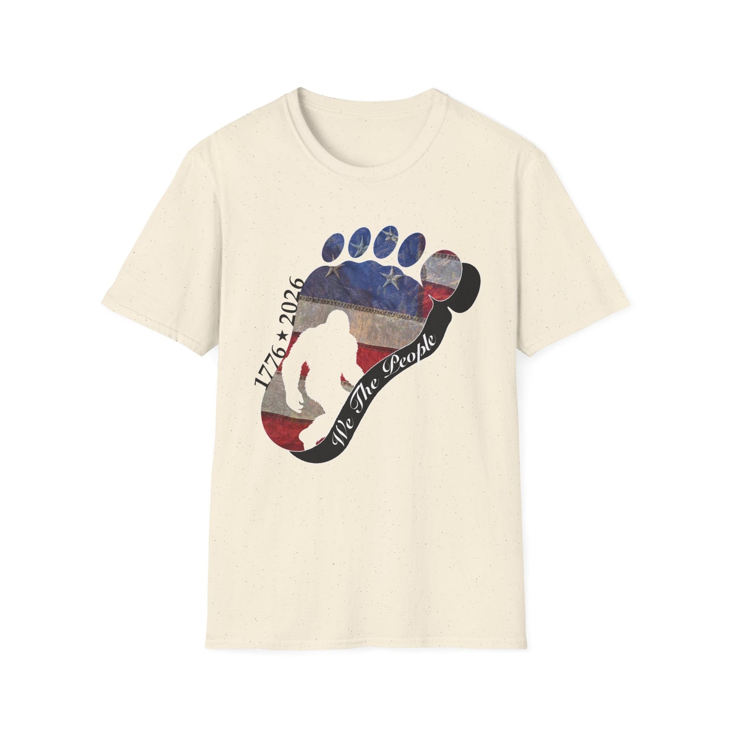 Going Norther Bigfoot T-Shirt — Footprint Silhouette with Distressed Flag & "1776 - 2026 - We The People"
