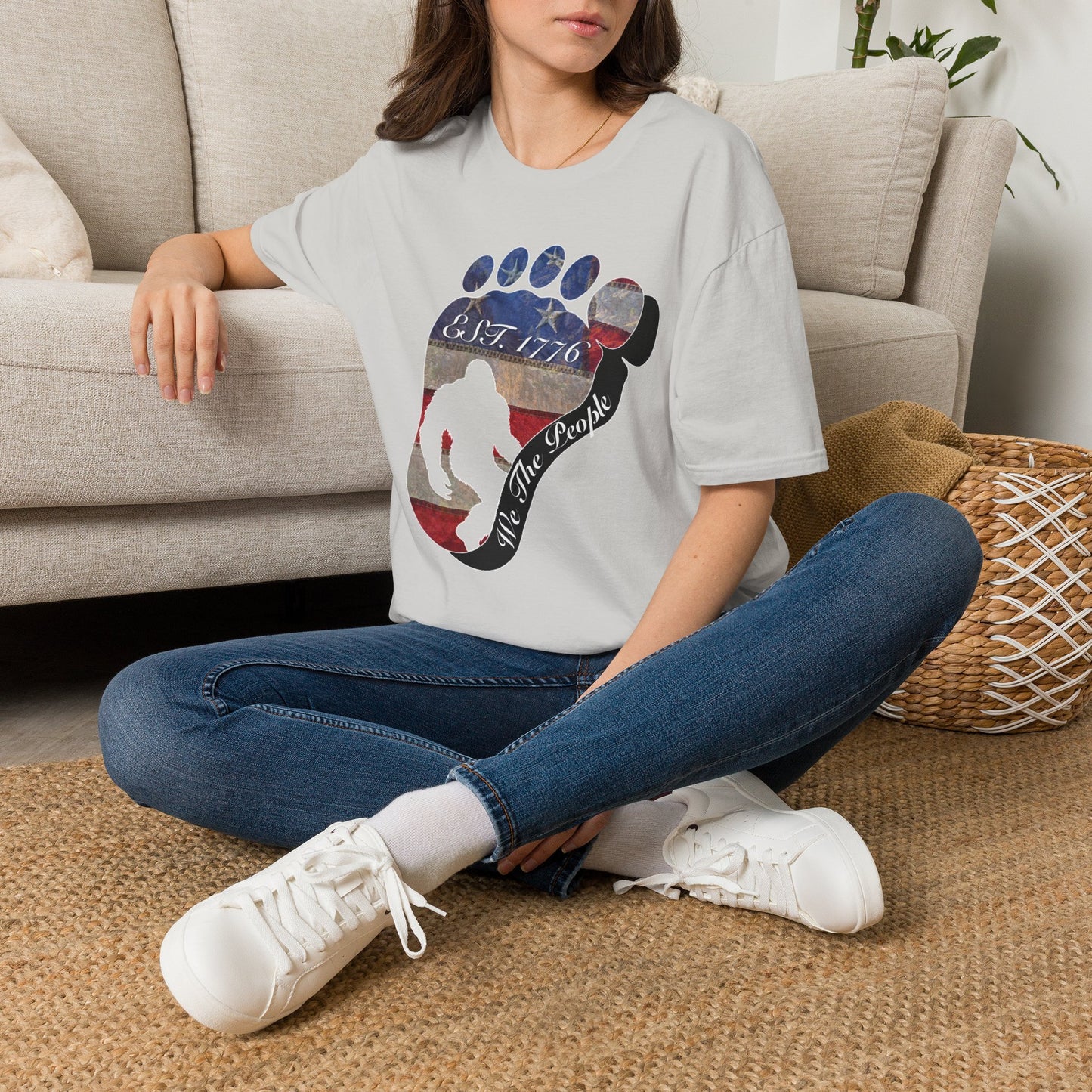Going Norther Bigfoot T-Shirt — Footprint Silhouette with Distressed Flag "EST. 1776 - We The People"