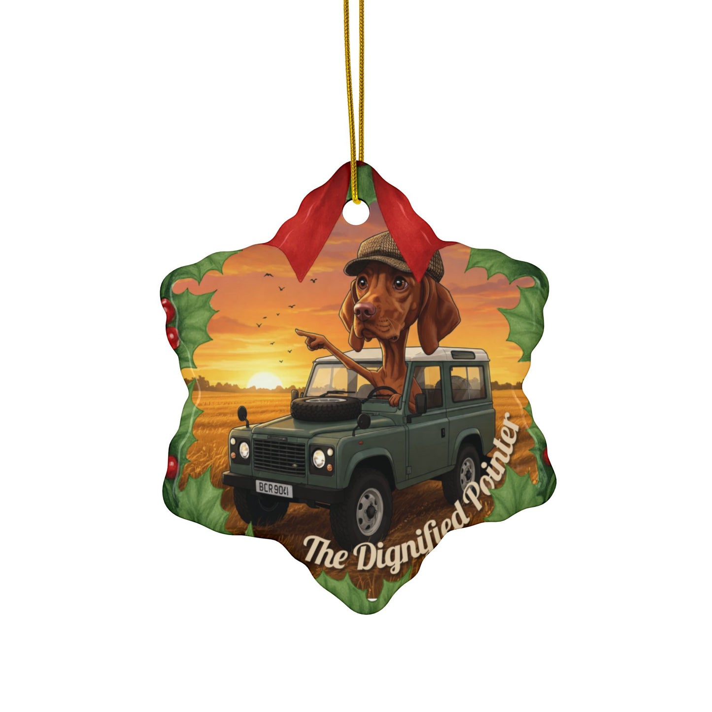 Ceramic Ornament — 'The Dignified Pointer' Dog in Off‑Road SUV Holiday Keepsake