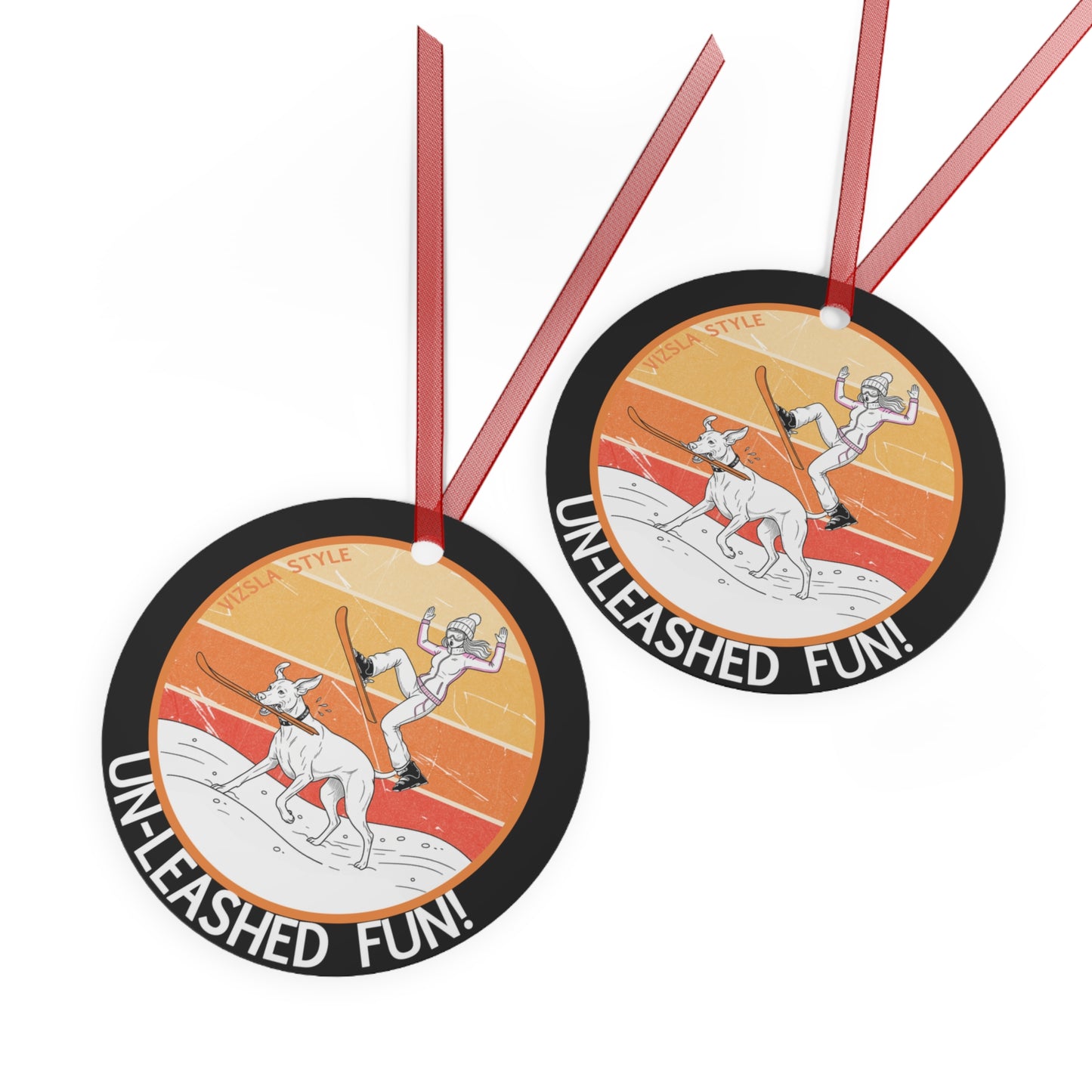 Metal Ornament — 'Un-Leashed Fun' Shocked  Woman Skiing Vizsla Dog Scene