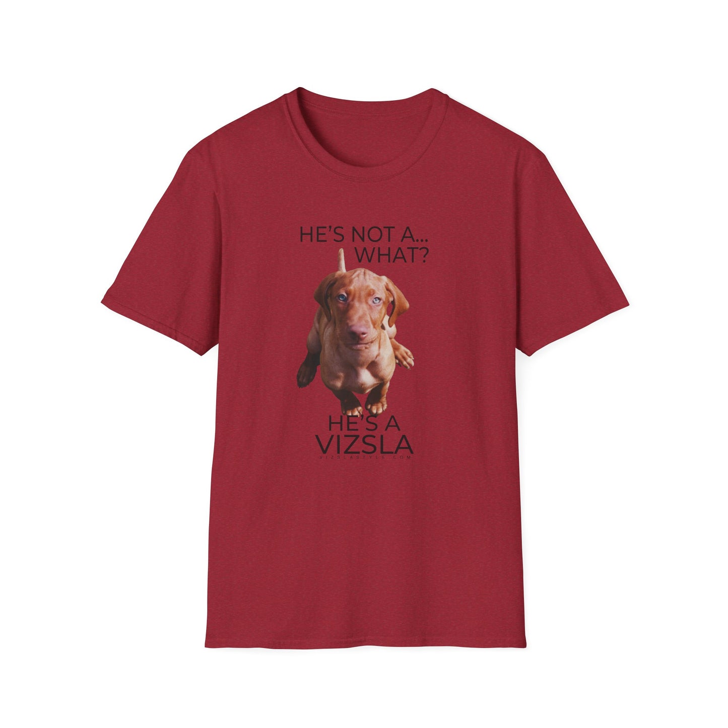 He's Not A What... He's A Vizsla (in Color) - All Around Sports T-shirt (Dk Text)