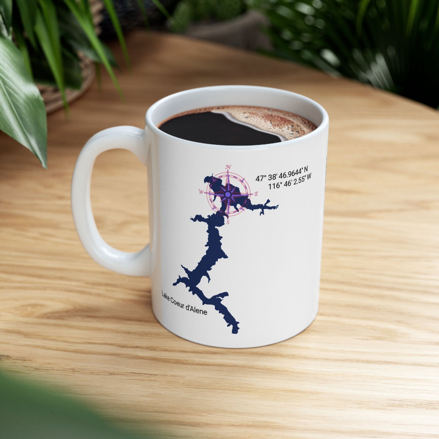 Lake Coeur d'Alene in Blue with Vizsla Style Logo White Glossy Mug