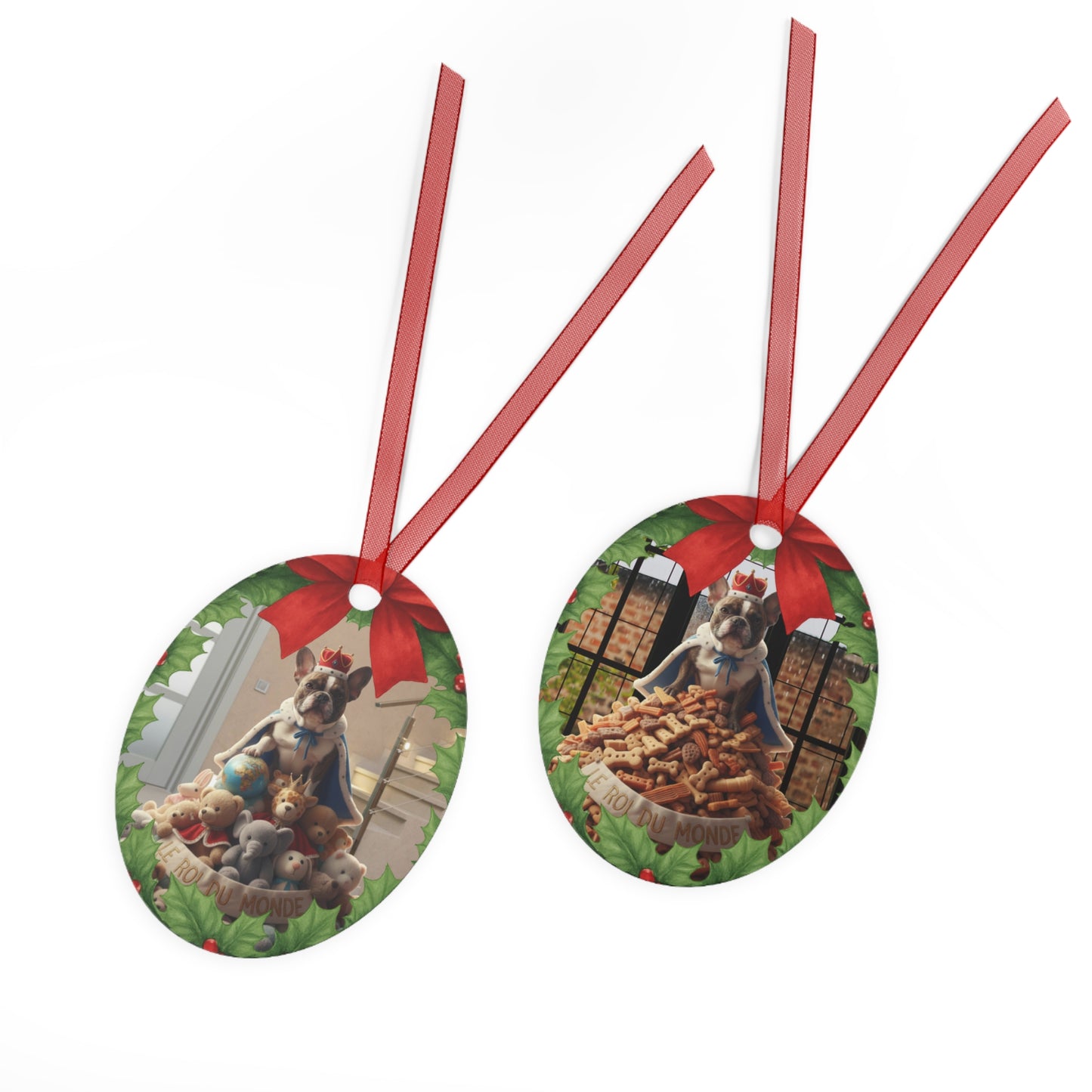 Frenchie Metal Ornament — "Le Roi Du Monde" Brindle French Bulldog Holiday Decor