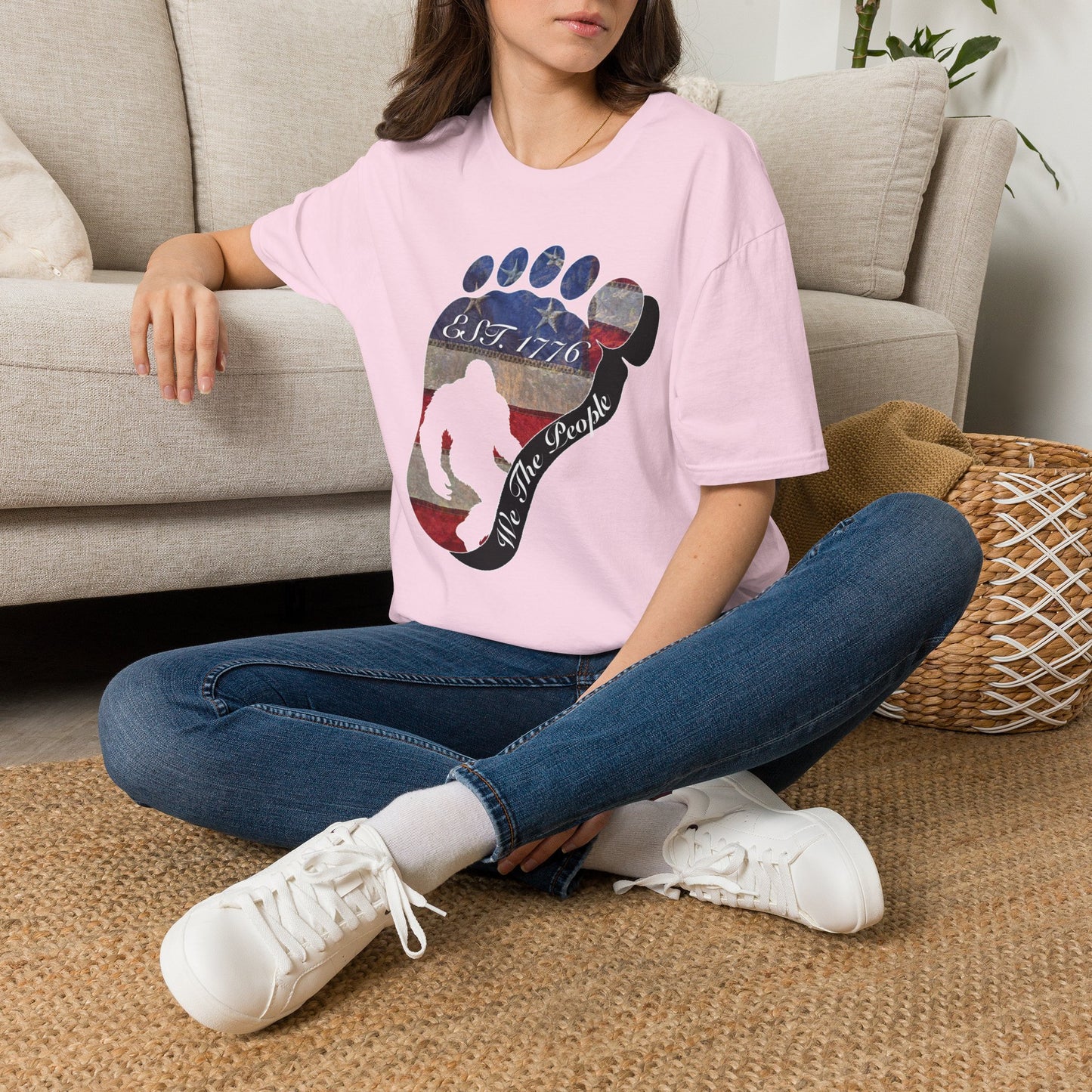 Going Norther Bigfoot T-Shirt — Footprint Silhouette with Distressed Flag "EST. 1776 - We The People"