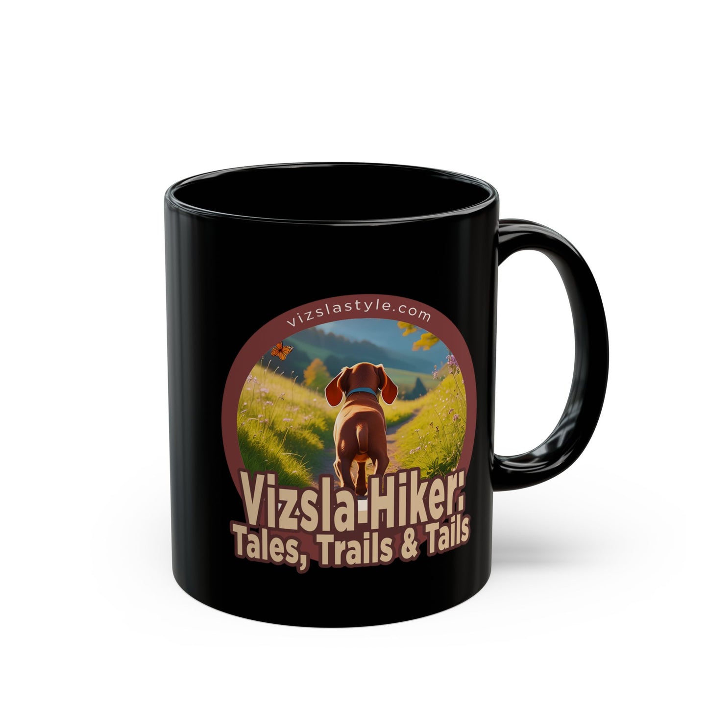 Black Mug - Vizsla Hiker w/ Puppy: Tales, Trails & Tails