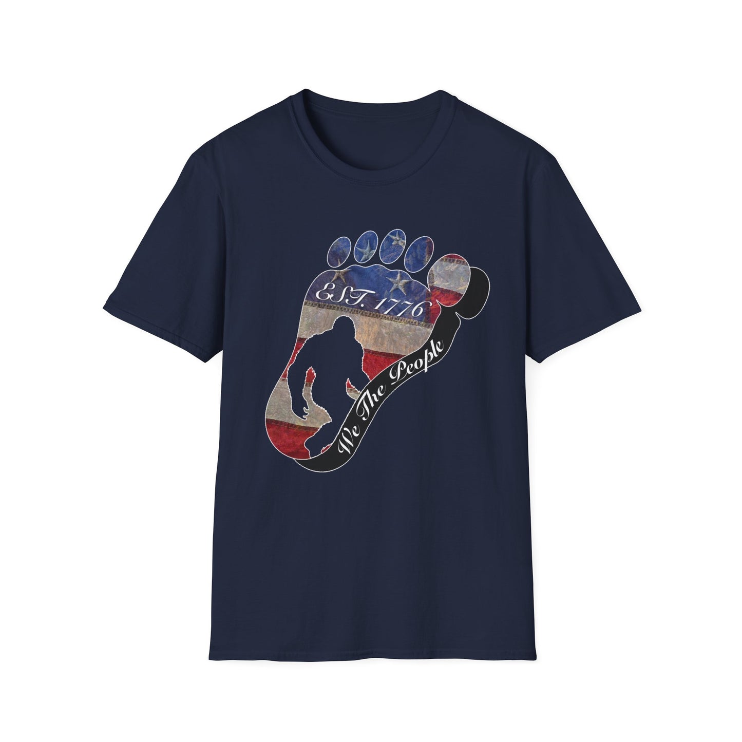 Going Norther Bigfoot T-Shirt — Footprint Silhouette with Distressed Flag "EST. 1776 - We The People"