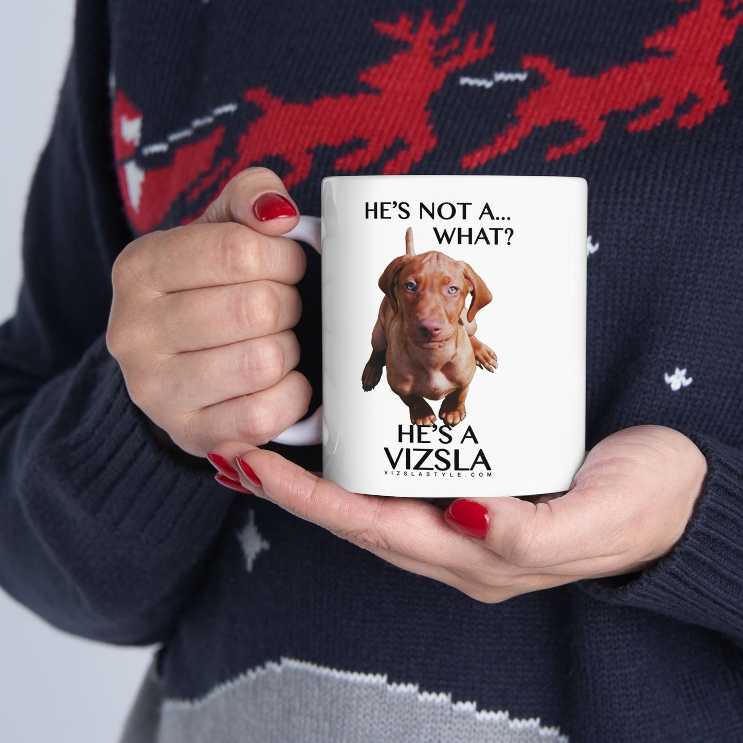 He's Not A What! in Color with Vizsla Style Logo White Glossy Mug