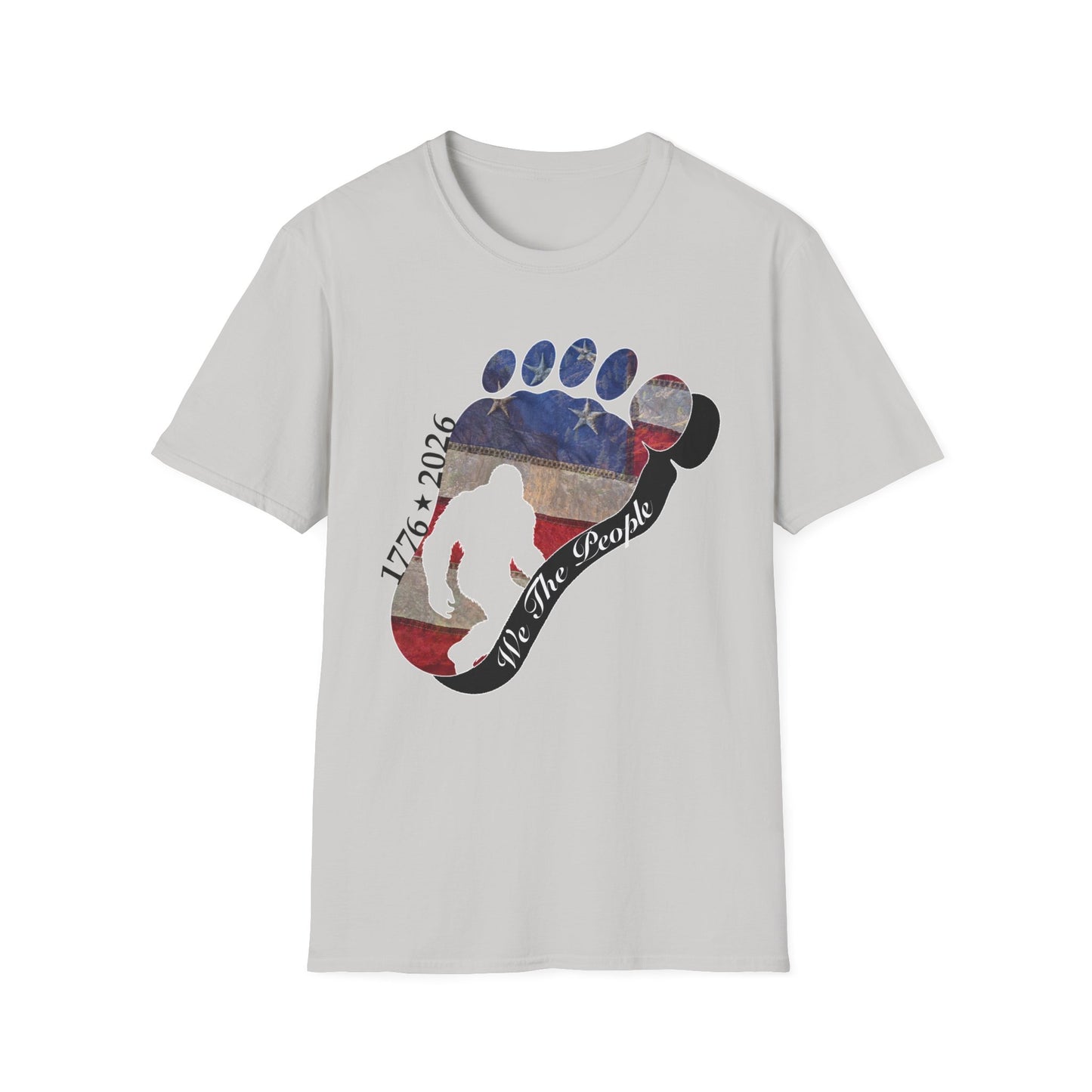 Going Norther Bigfoot T-Shirt — Footprint Silhouette with Distressed Flag & "1776 - 2026 - We The People"
