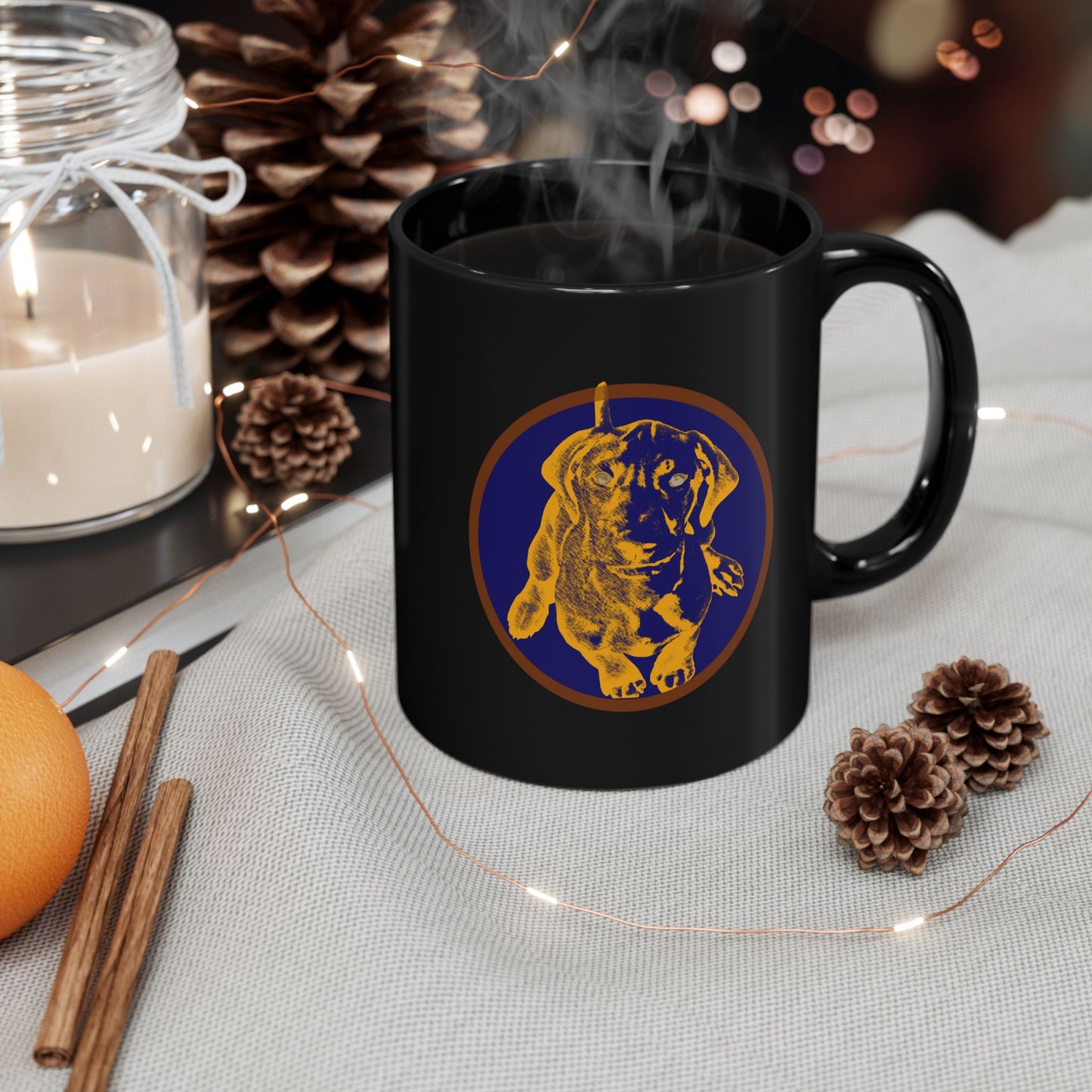Vizsla Style Puppy in Gold w/ Lake Coeur d'Alene - Hungarian Vizsla Black Mug