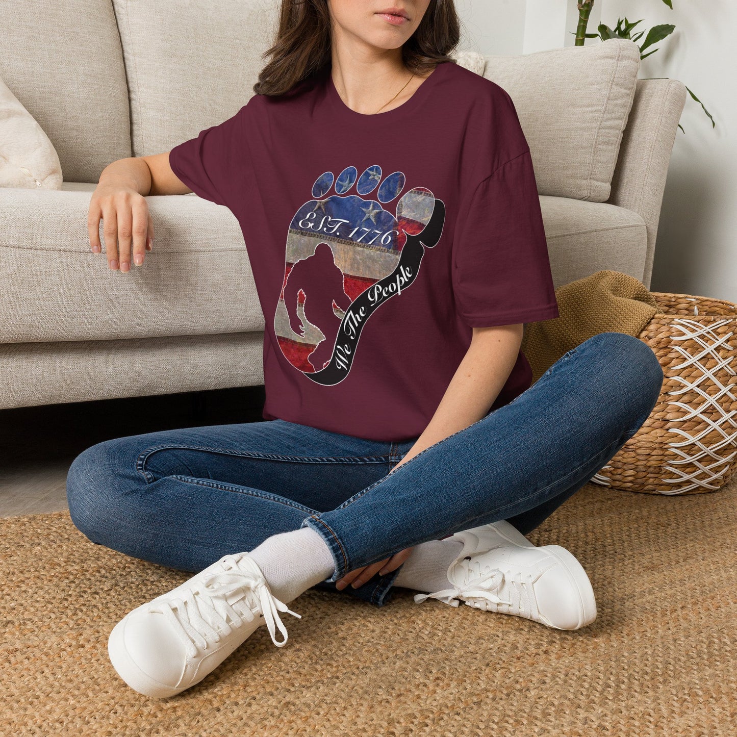 Going Norther Bigfoot T-Shirt — Footprint Silhouette with Distressed Flag "EST. 1776 - We The People"