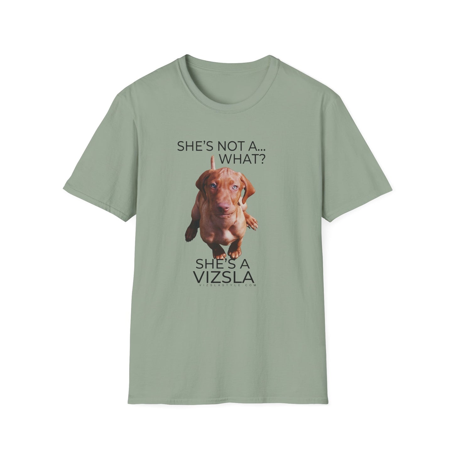 She's Not A What... She's A Vizsla (in Color) All Around Sports T-shirt (Dk Text)