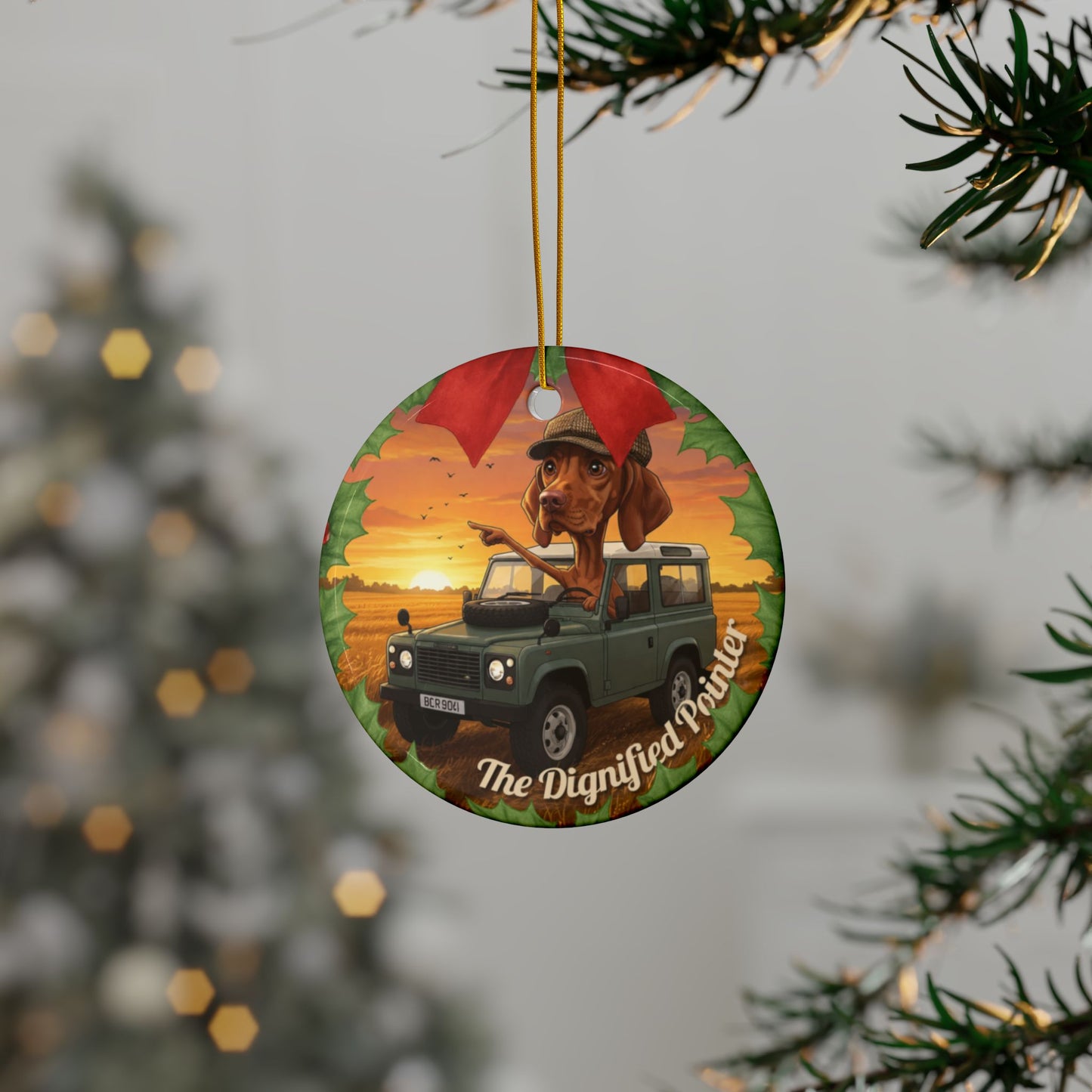 Ceramic Ornament — 'The Dignified Pointer' Dog in Off‑Road SUV Holiday Keepsake