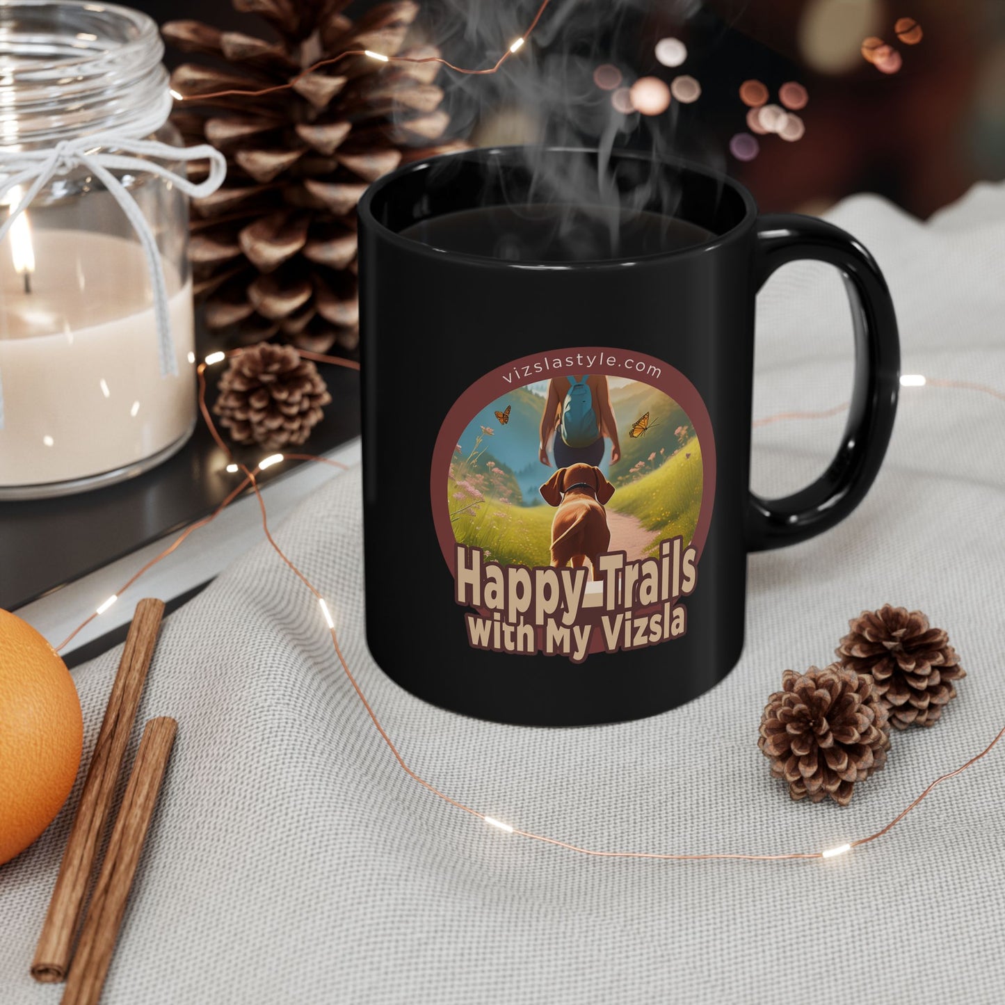 Happy Trails With My Vizsla (Hiker) w/ Puppy Face - Vizsla - Black Mug