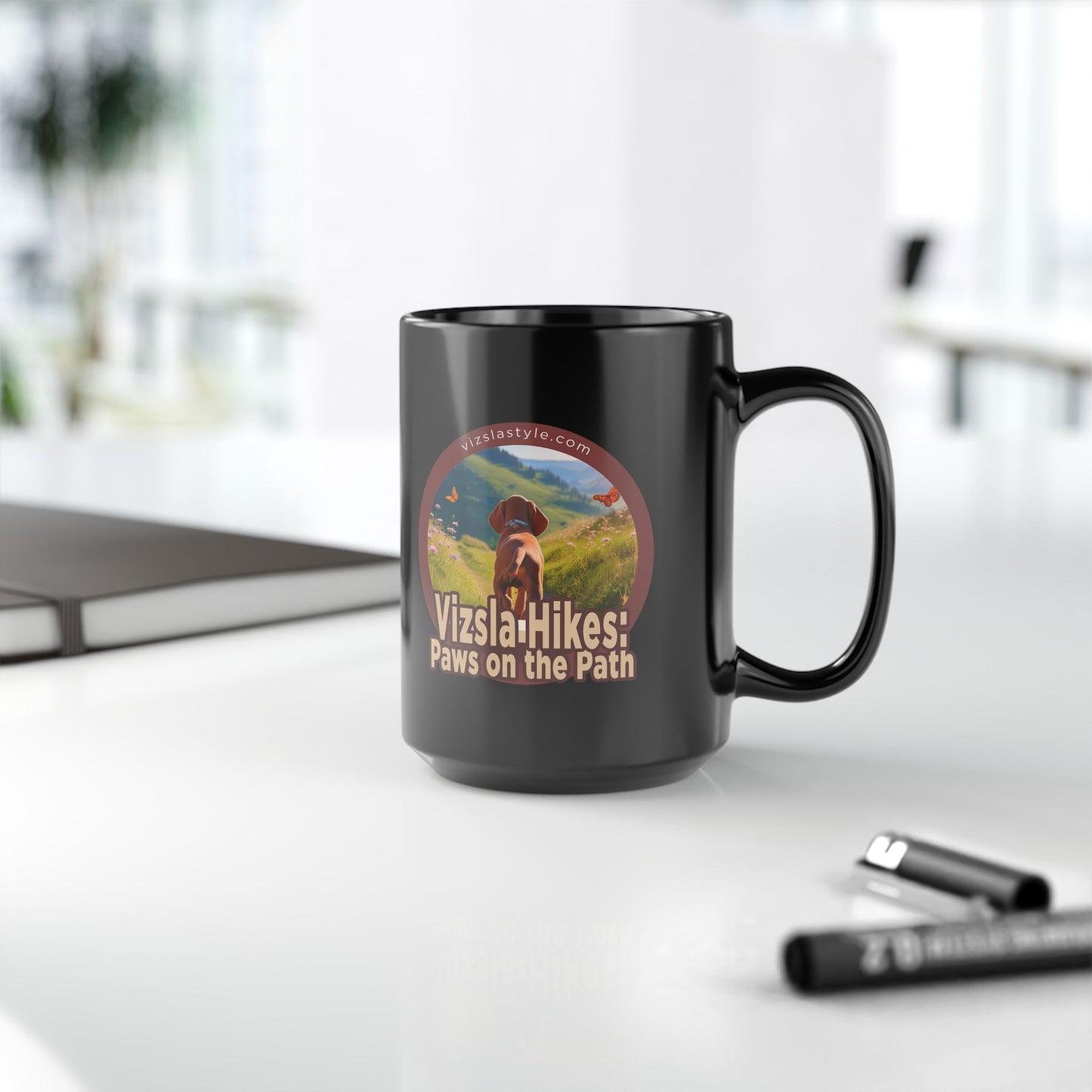 Vizsla Hikes: Paws On The Path (dog) w/ Puppy Face - Black Mug