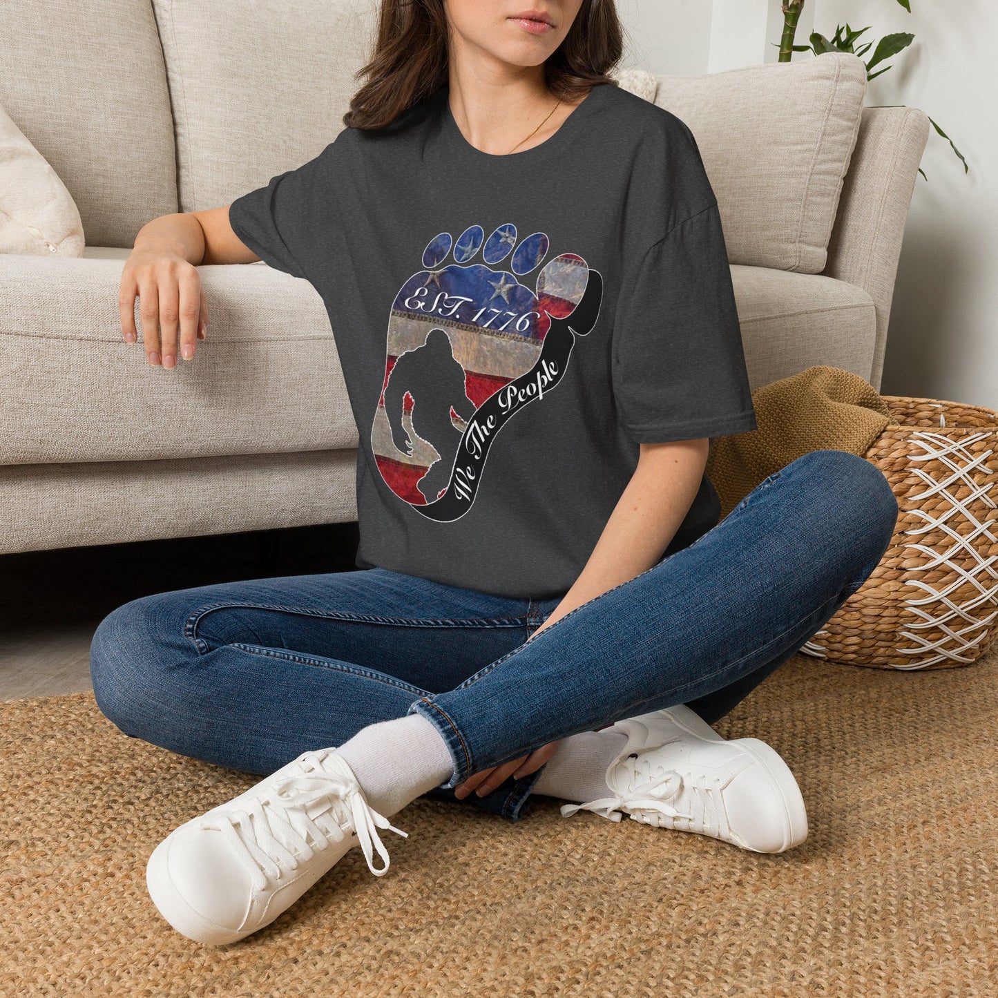 Going Norther Bigfoot T-Shirt — Footprint Silhouette with Distressed Flag "EST. 1776 - We The People"