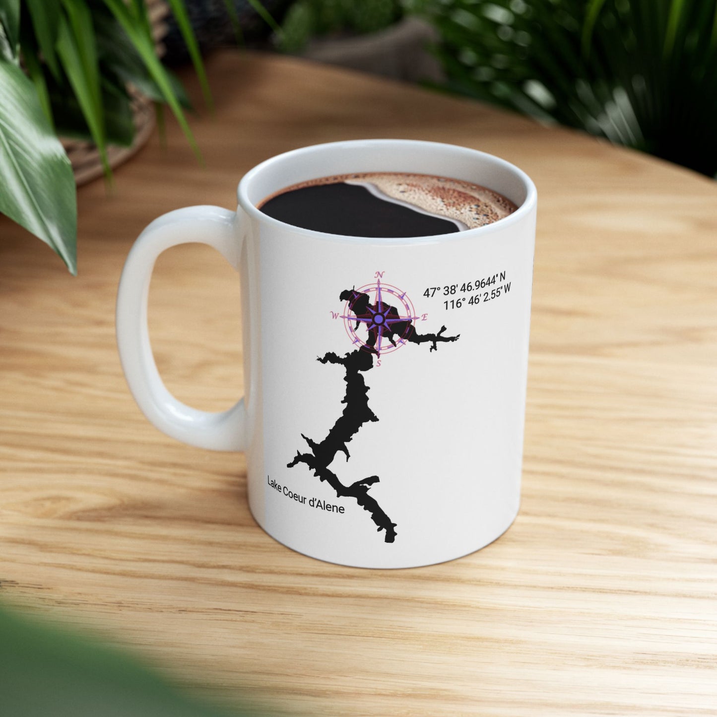 Lake Coeur d'Alene with Vizsla Style Logo White Mug