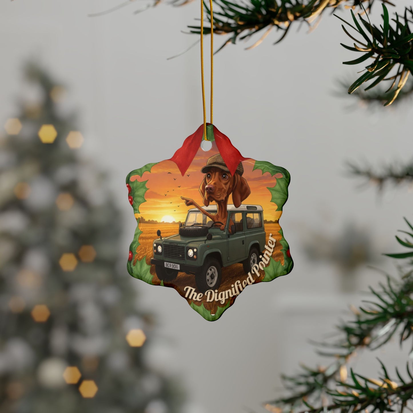 Ceramic Ornament — 'The Dignified Pointer' Dog in Off‑Road SUV Holiday Keepsake