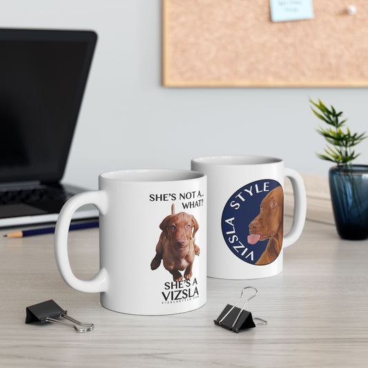 She's Not A What! in Color with Vizsla Style Logo  White Glossy Mug