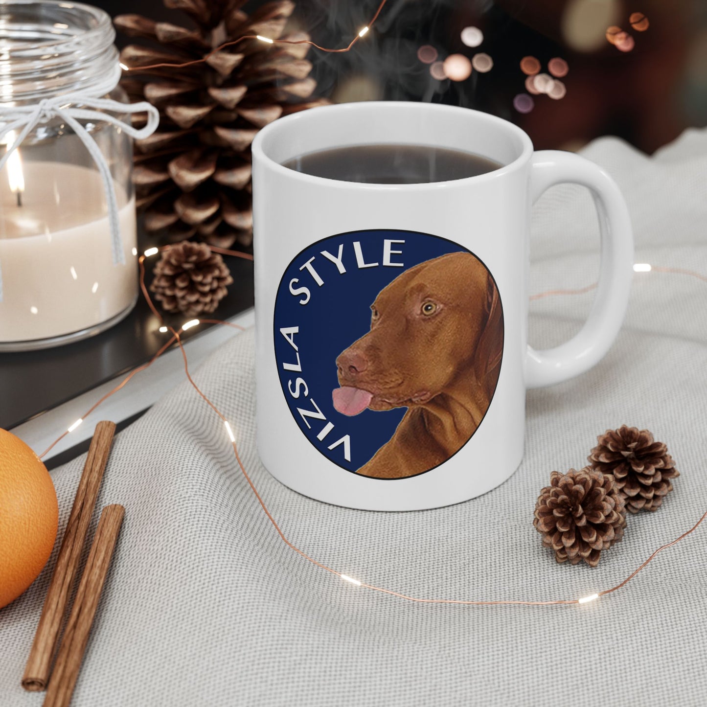 Lake Coeur d'Alene with Vizsla Style Logo White Mug