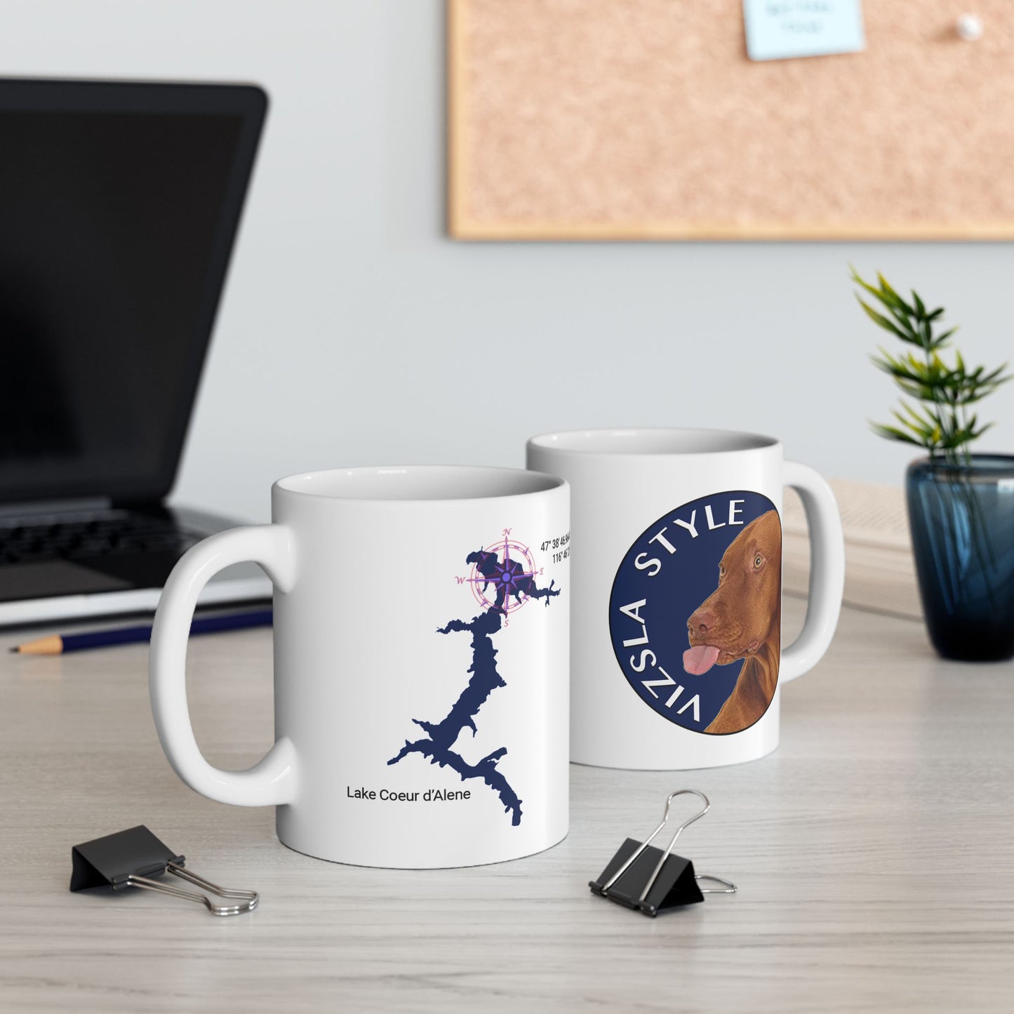 Lake Coeur d'Alene in Blue with Vizsla Style Logo White Glossy Mug