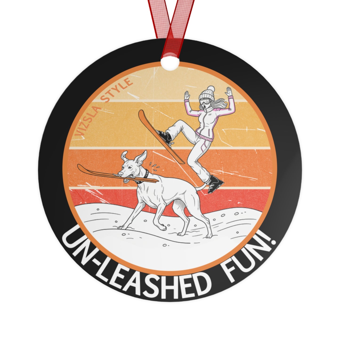 Metal Ornament — 'Un-Leashed Fun' Shocked  Woman Skiing Vizsla Dog Scene