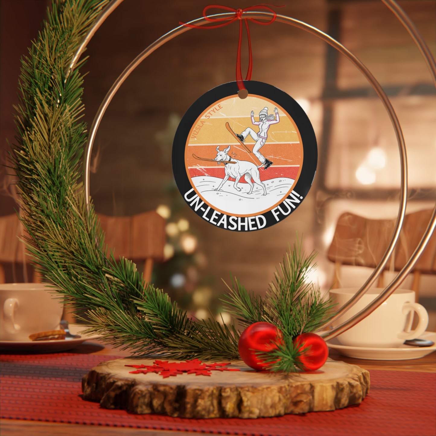 Metal Ornament — 'Un-Leashed Fun' Shocked  Woman Skiing Vizsla Dog Scene