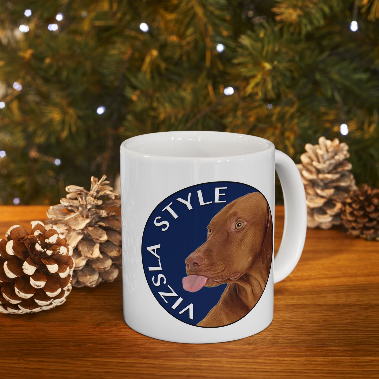 Lake Coeur d'Alene in Blue with Vizsla Style Logo White Glossy Mug