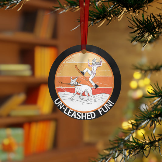 Metal Ornament — 'Un-Leashed Fun' Shocked  Woman Skiing Vizsla Dog Scene