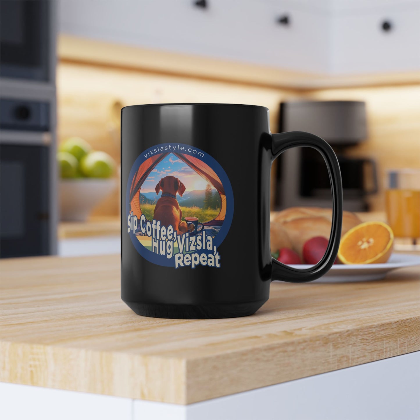 Sip Coffee, Hug Vizsla, Repeat w/ He's Not A What? He's A Vizsla! - Black Mug