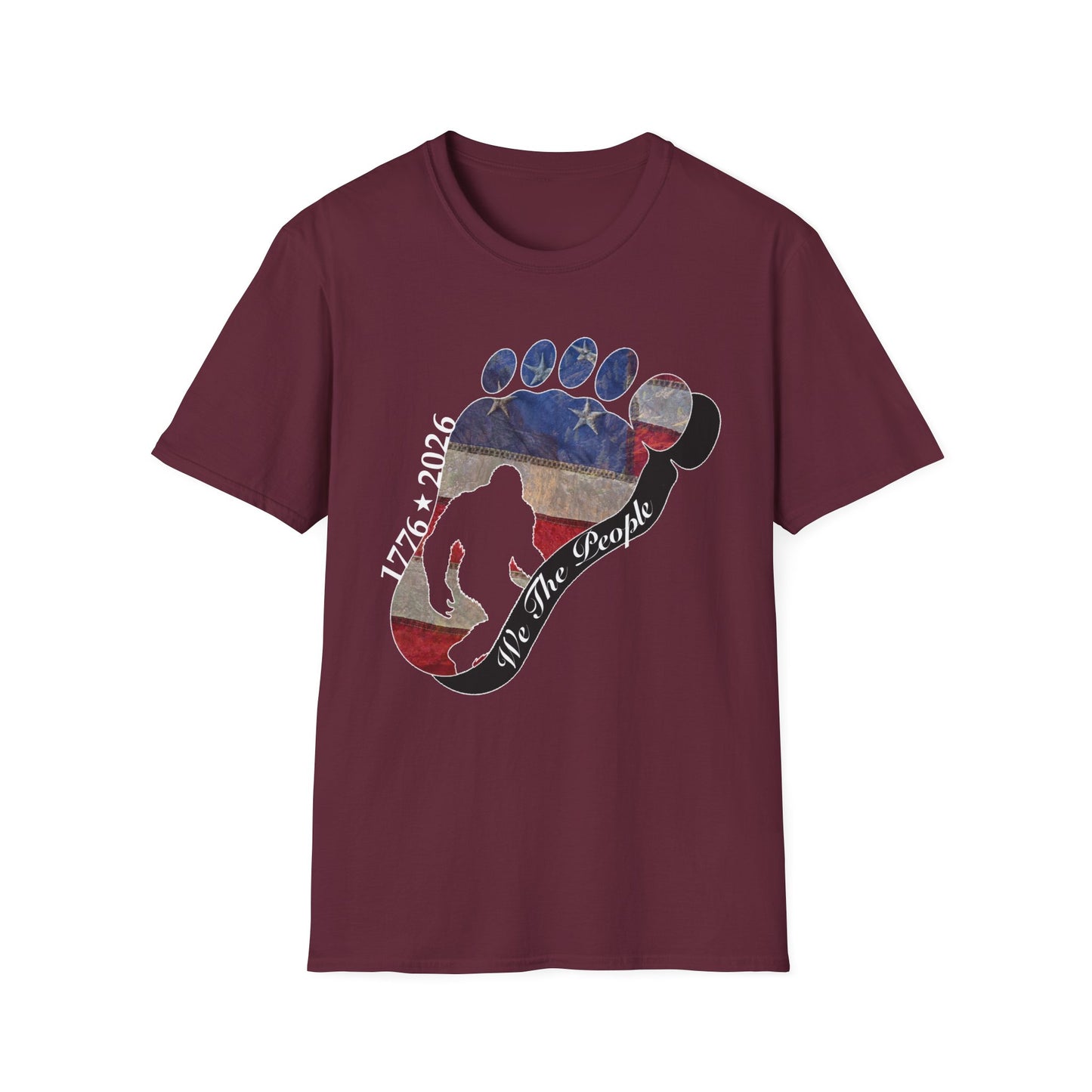 Going Norther Bigfoot T-Shirt — Footprint Silhouette with Distressed Flag & "1776 - 2026 - We The People"