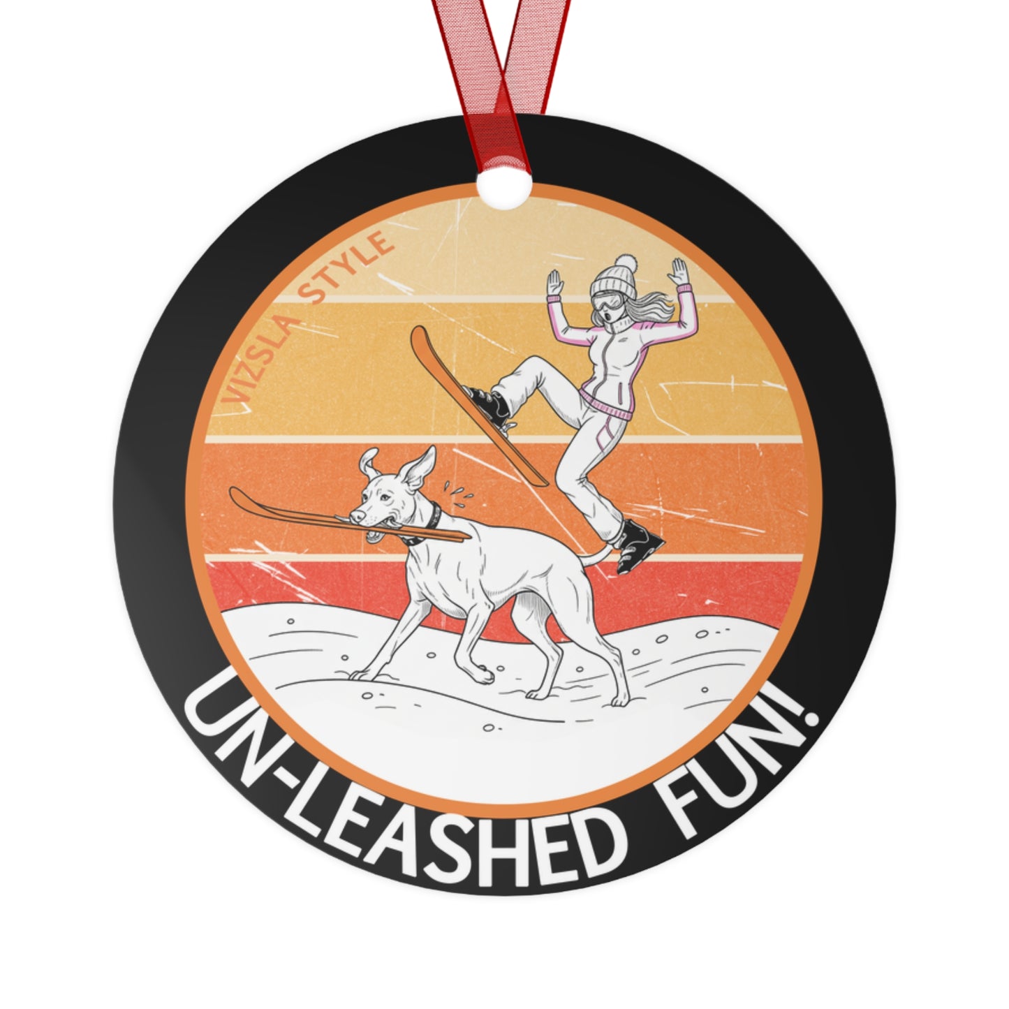 Metal Ornament — 'Un-Leashed Fun' Shocked  Woman Skiing Vizsla Dog Scene